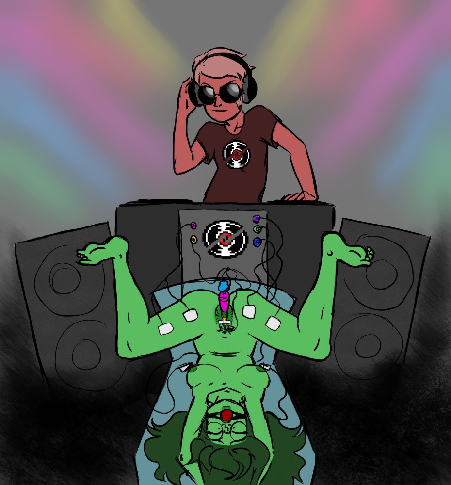 1boy 1girls ball_gag breasts closed_eyes clothing dave_strider dj female gag glasses green_hair green_nipples green_skin headphones homestuck jade_harley long_hair male ms_paint_adventures naked nipples pussy red_hair red_skin rule34 sharona short_hair source_request straight sunglasses vaginal_penetration vibrator