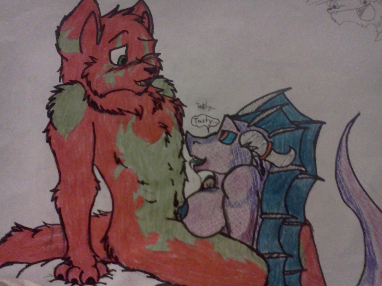 4:3 anthro big_breasts blue_nipples blue_sclera blue_tongue blush bodily_fluids breast_play breasts canid canine curved_horn dialogue dragon drooling duo e621 english_text erection female fox frill_(anatomy) fur genitals grabbing_sheets green_eyes head_crest head_frill hi_res horn horn_jewelry horn_ring imminent_oral interspecies jewelry kneeling lavender_(regreenfluffball) looking_down looking_up male male/female mammal membrane_(anatomy) membranous_frill mythological_creature mythological_scalie mythology nipples nude one_eye_closed open_mouth oral orange_body orange_eyes orange_fur penis purple_body purple_scales redgreenfluffball ring_(jewelry) saliva scales scalie sex sitting tail text titfuck tongue traditional_media_(artwork) voyeur white_horn zach_snowfox