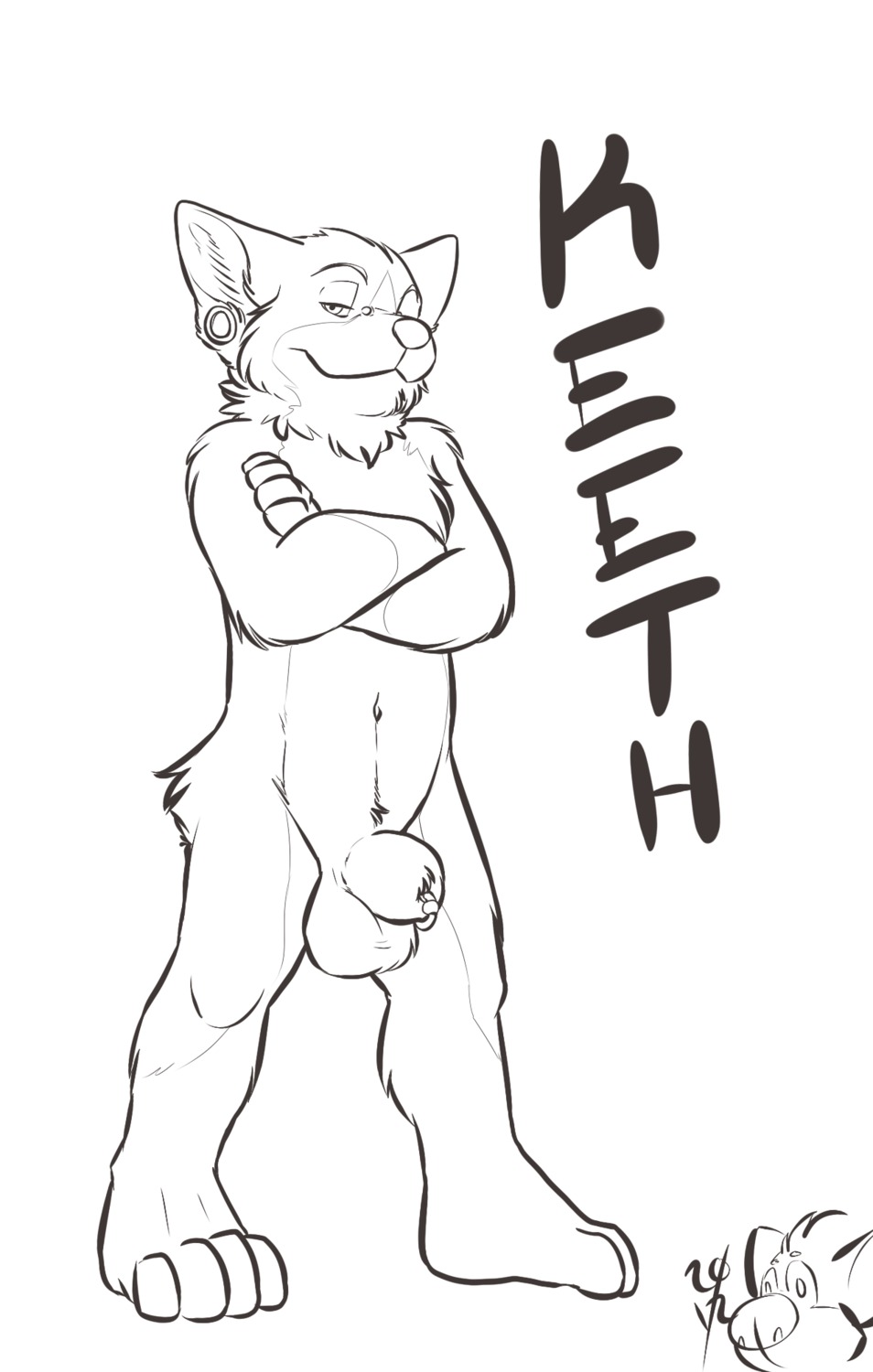 4_toes 5_fingers animal_genitalia anthro balls biped black_and_white canid canine canis character_name crossed_arms domestic_dog e621 ear_piercing feet fingers fully_sheathed fur furgonomic_piercing furgonomics gauged_ear genital_piercing genitals herding_dog hi_res keeth looking_at_viewer male mammal monochrome nude pastoral_dog paws piercing plantigrade sheath sheath_piercing simple_background solo standing ten text toes welsh_corgi white_background