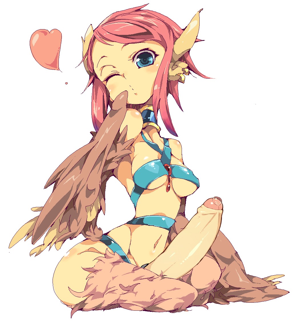 1futa alabaster_(artist) blue_eyes breasts earrings female foreskin futa_only futanari harpy heart intersex jewelry monster_girl monster_girl_quest penis pink_hair precum rule34 short_hair simple_background sitting solo uncircumcised wings wink