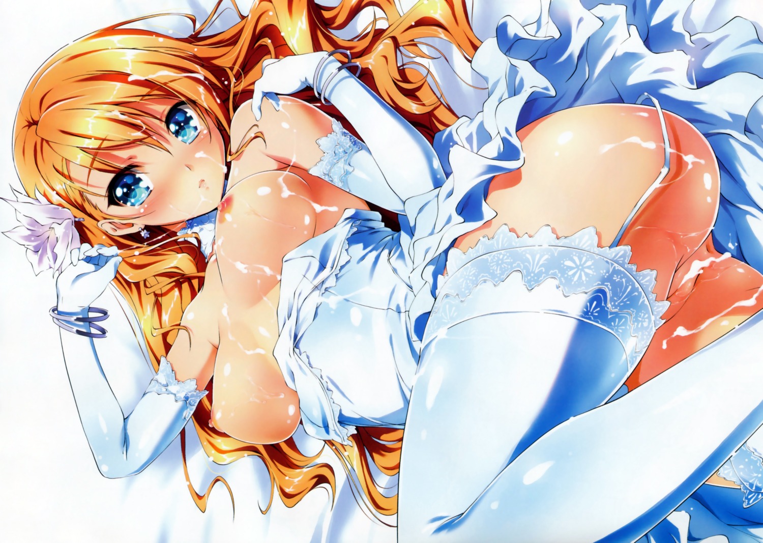 blush breasts cum dress elbow_gloves female kikurage long_hair nipples nopan pussy rule34 stockings thighhighs uncensored