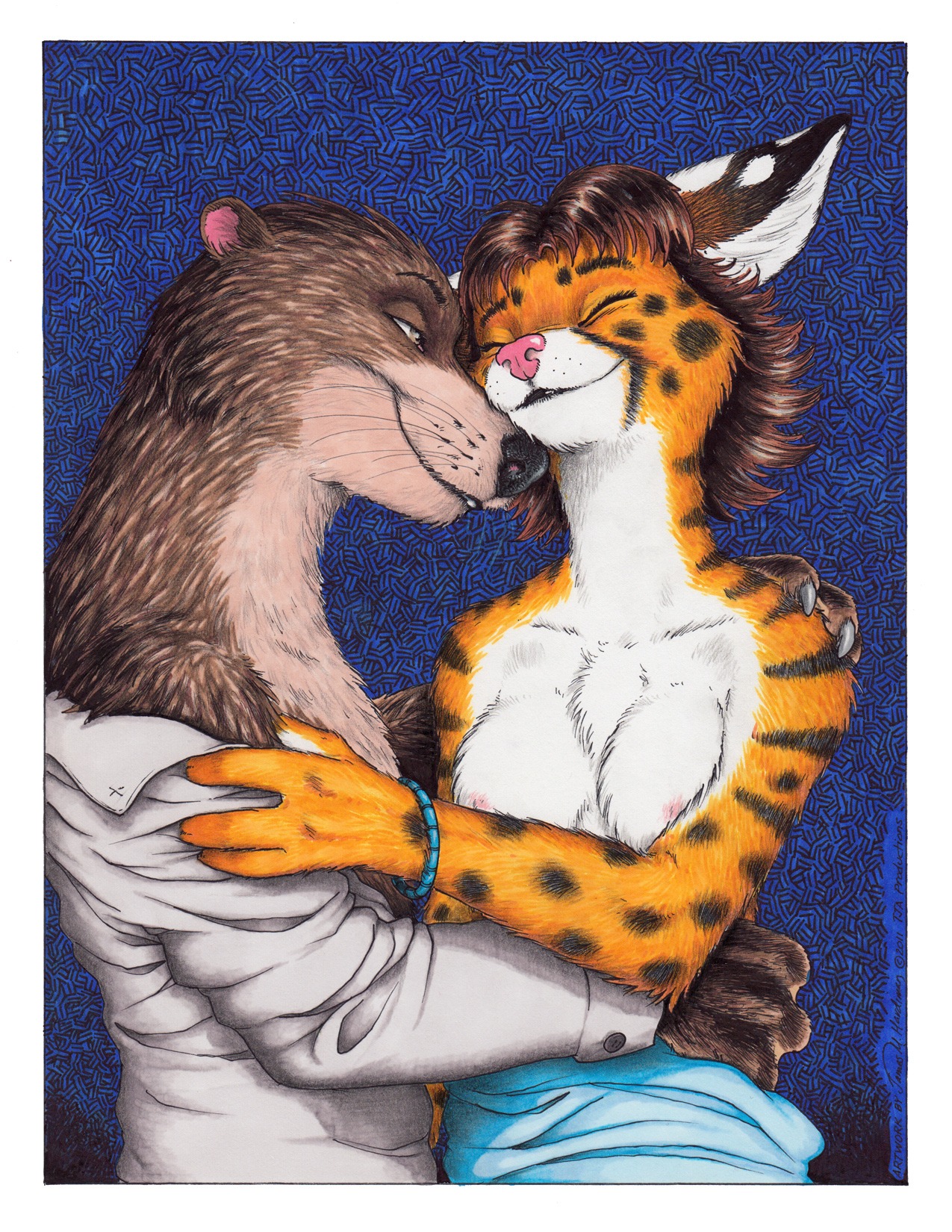 2011 anthony_(cnc) anthro bedroom_eyes belly black_nose bracelet breasts brown_body brown_eyes brown_fur brown_hair cats_n'_cameras chest_tuft clothed clothing duo e621 eyes_closed felid feline female fur hair half-closed_eyes hi_res james_m_hardiman jewelry male male/female mammal manila_doyle markings mature_anthro mature_female mustelid narrowed_eyes nipples otter pink_nose seductive serval spots topless traditional_media_(artwork) tuft undressing whiskers white_belly white_body white_fur yellow_body yellow_fur
