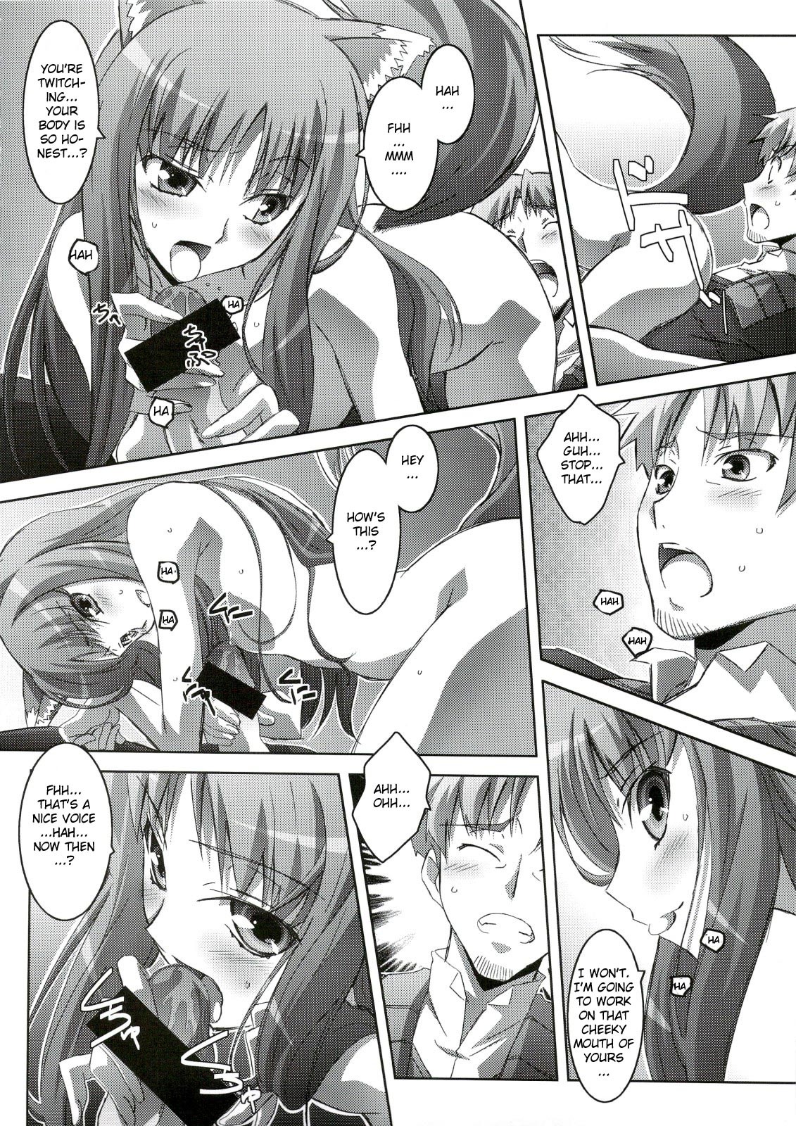 2008 animal_humanoid bodily_fluids breasts broken_language canid canid_humanoid canine canine_humanoid canis censor_bar censored comic dialogue duo e621 english_text erection fellatio female genitals greyscale hi_res holo_(spice_and_wolf) human humanoid ineffective_censorship izumi_mahiru kraft_lawrence licking male male/female mammal mammal_humanoid monochrome oral penile penis penis_lick sex spice_and_wolf sweat tail text tongue tongue_out wolf wolf_humanoid