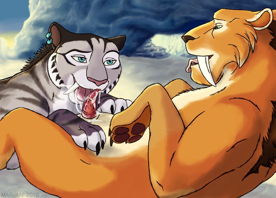 anatomically_correct animal_genitalia animal_penis blue_sky_studios bodily_fluids canon_couple claws cum cum_drool cum_in_mouth cum_inside cum_on_penis diego_(ice_age) duo e621 erection fangs felid feline_genitalia feline_penis fellatio female feral genital_fluids genitals ice_age_(series) licking lying male male/female mammal marjani nude on_back on_front open_mouth oral outside penile penile_spines penis penis_lick prehistoric_species romantic romantic_ambiance romantic_couple saber-toothed_tiger sabertooth_(anatomy) sex shira_(ice_age) smile snow teeth tongue tongue_out