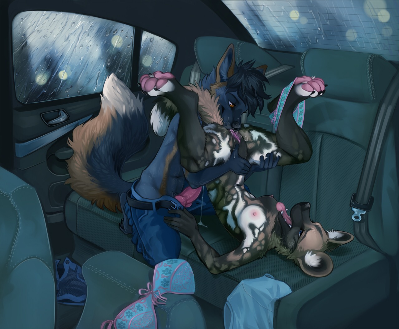 2013 4_toes african_wild_dog animal_genitalia animal_penis anthro backseat black_hair blue_eyes bodily_fluids bottomwear bra breasts canid canine canine_genitalia canine_penis car claws clothed clothing cross_fox cunnilingus dashwood_fox demicoeur digital_media_(artwork) digitigrade duo e621 erection feedbag_position feet female fox genital_fluids genitals hair hindpaw inside inside_car inside_vehicle kneeling knot legs_up looking_pleasured lying lying_and_blow_position male male/female mammal nipples nude on_back open_mouth oral orange_eyes orgasm orgasm_face panties pants partially_clothed pawpads paws penis precum raining red_fox sex sex_in_car short_hair shuki small_breasts toes tongue tongue_out topless true_fox underwear vaginal vaginal_fluids vehicle vulva window