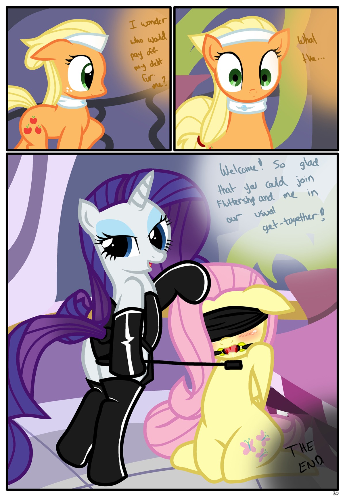 absurd_res applejack_(mlp) ball_gag bdsm blindfold blush bondage border bound comic cutie_mark dialogue digital_media_(artwork) dominant dominant_female e621 earth_pony end_page english_text equid equine feathered_wings feathers female female/female feral fluttershy_(mlp) friendship_is_magic gag gagged group hasbro hi_res horn horse latex mammal my_little_pony mythological_creature mythological_equine mythology pegasus pony pyruvate rarity_(mlp) riding_crop spa submissive submissive_female tail text the_end unicorn whip white_border wings yellow_body yellow_feathers