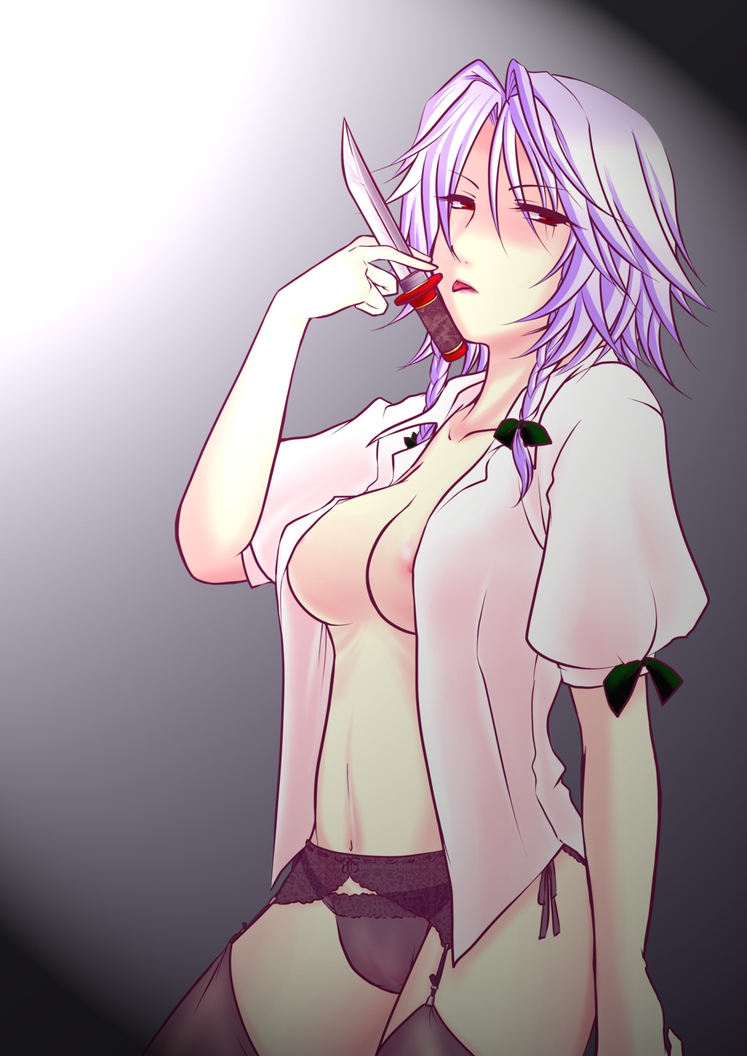 1girls bottomless braid breasts cleavage female garter_belt high_resolution knife nipples no_bra no_pants open_clothes open_shirt panties red_eyes rule34 sakuya_izayoi shirt short_hair silver_hair solo the_embodiment_of_scarlet_devil thighhighs throwing_knife touhou tsukiyo_tsubaki twin_braids underwear weapon