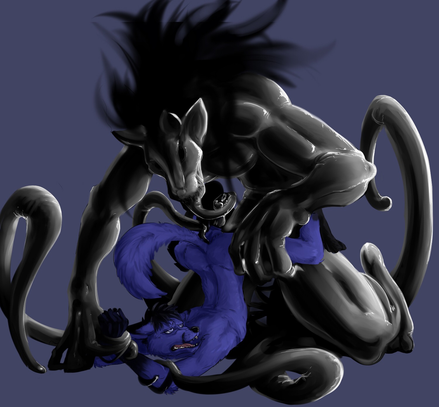 amadeusvirus anal anal_penetration anthro arm_grab back_groove black_body black_fur black_nose black_tentacles blue_body blue_eyes blue_fur blue_tail bodily_fluids canid canine cum demon dominant dominant_male duo e621 eldritch_abomination fluffy fluffy_tail forced fox front_view frown fully_restrained fur genital_fluids genitals hi_res larger_dom latex leg_grab male male/male male_penetrated male_penetrating male_penetrating_male mammal monster muscular nude open_mouth penetration penis rape rear_view restrained sex simple_background size_difference smoke snout submissive submissive_male tail teeth tentacle_creature tentacles three-quarter_view tongue wishbone_mouth