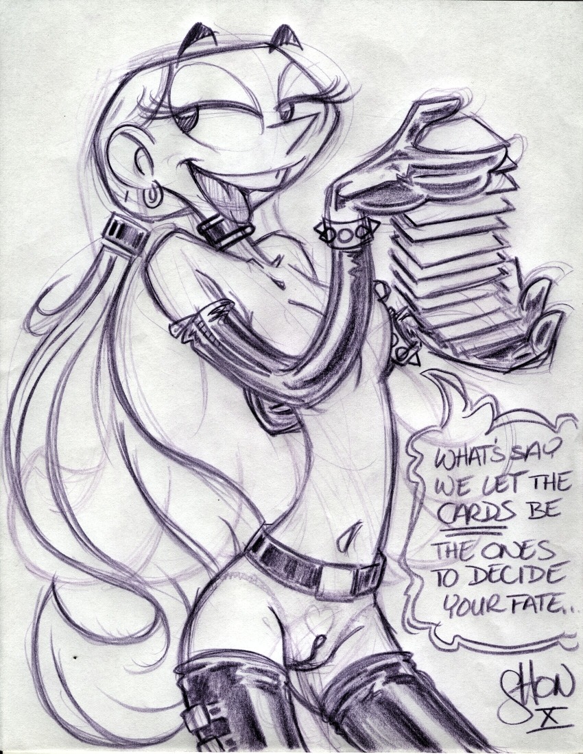 2010 artist_signature cards cartoon_network dee_dee_(dexter's_laboratory) dexter's_laboratory english_text female female_only hoop_earrings human king-cheetah navel nipples pussy rule34 shon_howell sketch solo speech_bubble spiked_bracelet vulva