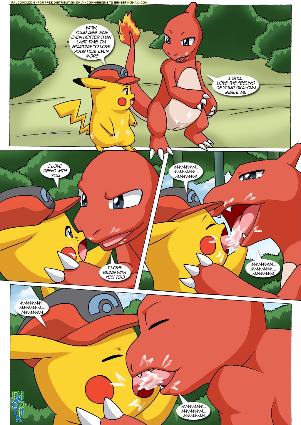 ashchu bbmbbf beige_skin charmeleon closed_eyes color comic cum day dialog english_text erect_penis fur furry furry_tail gay hat interspecies kissing male male_only multiple_males nintendo no_humans nude open_eyes open_mouth outdoors penis pikachu pokemon red_skin rule34 speech_bubble tail text tree yaoi yellow_fur