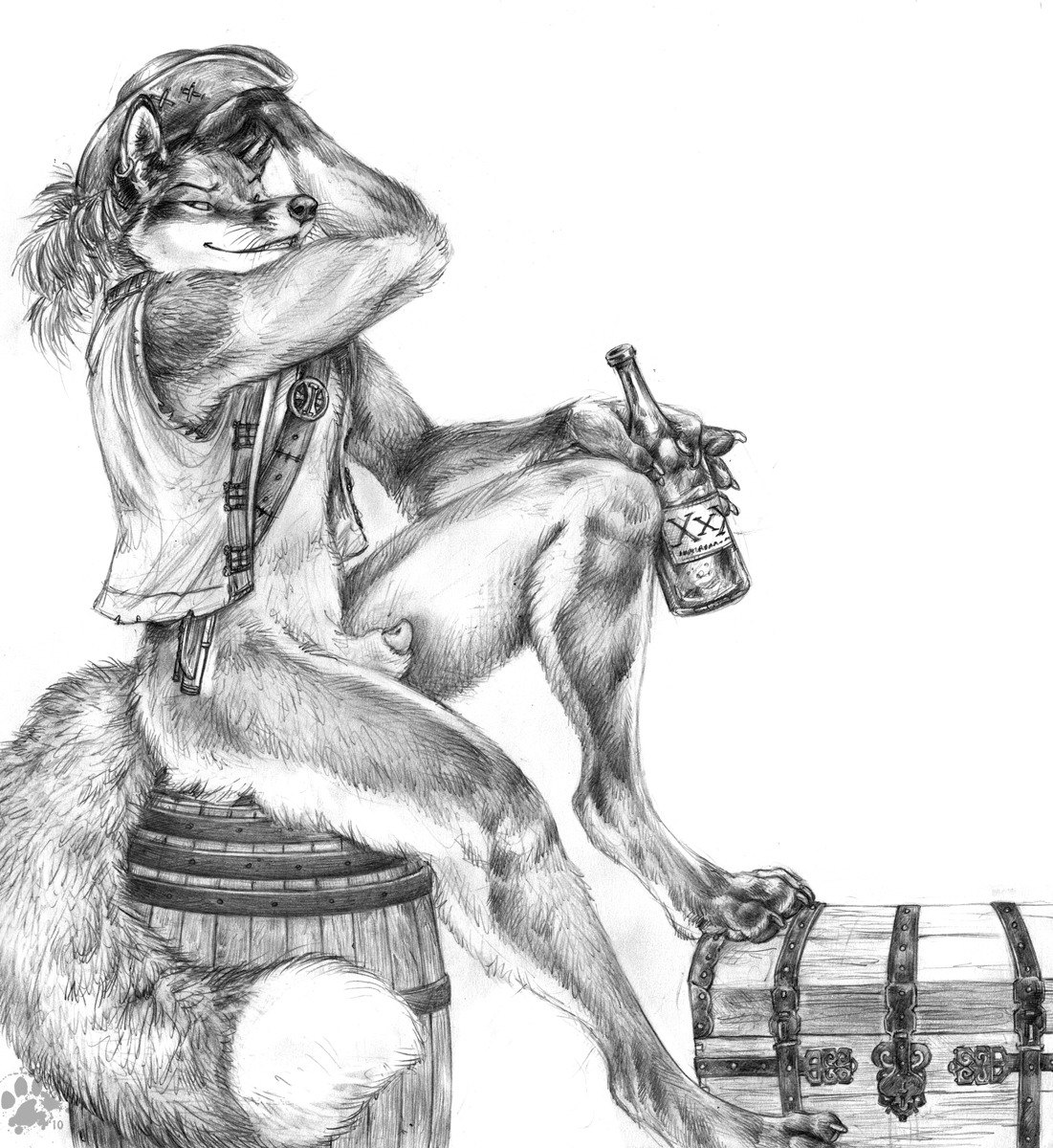 2010 alcohol animal_genitalia animal_penis anthro barefoot barrel beverage biped blotch bottle bottomless canid canine canine_genitalia canine_penis claws clothed clothing container detailed digitigrade e621 ear_piercing feet fluffy fluffy_tail fox fur genitals greyscale grin half-closed_eyes hat headgear headwear hi_res holding_bottle holding_container holding_object looking_aside looking_at_viewer male mammal monochrome narrowed_eyes open_clothing open_topwear open_vest paws penis penis_tip piercing pirate raised_arm scratches_volume_4 sheath side_view simple_background sitting smile solo tail toe_claws topwear traditional_media_(artwork) treasure_chest vest whiskers white_background