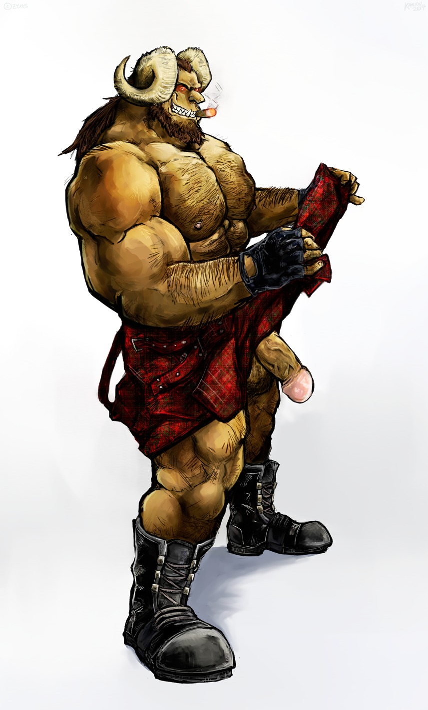 abs aokamidu balls beard biceps big_muscles black_clothing black_footwear boots bottomwear brown_hair cigar clothed clothing demon e621 facial_hair fangs fingerless_gloves flashing footwear genitals gloves grin hair hairy half-erect handwear hi_res horn humanoid humanoid_genitalia humanoid_penis kilt looking_at_viewer male muscular muscular_humanoid muscular_male not_furry pattern_clothing pecs penis plaid plaid_clothing presenting presenting_penis shoes side_view simple_background smile smoke smoking solo tartan_bottomwear teeth thick_penis topless white_background