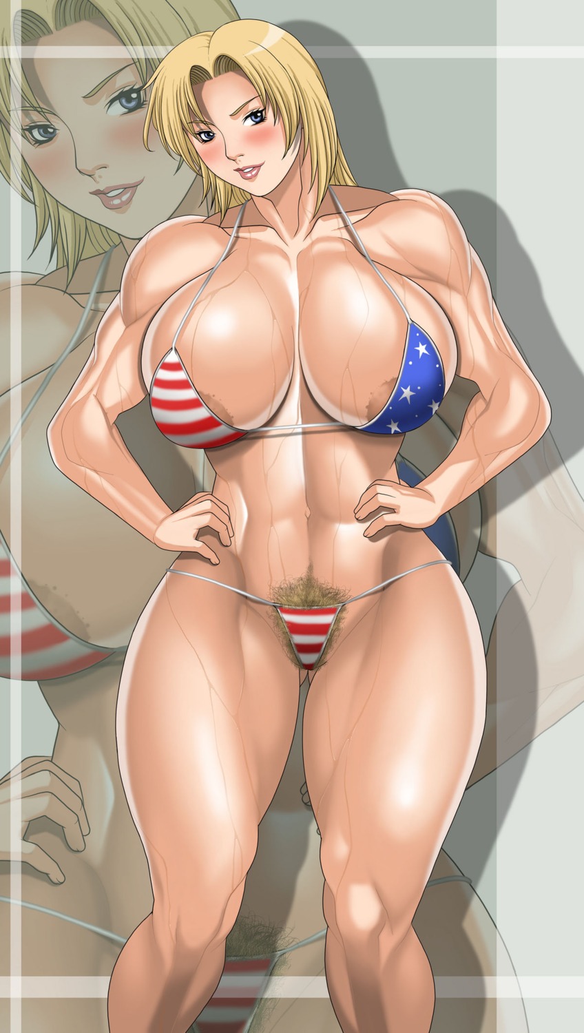 abs american_flag american_flag_bikini areola_slip bikini blonde_hair blue_eyes blush breasts dead_or_alive double_h female female_only highres human large_breasts muscles muscular muscular_female nipple_slip nipples pubic_hair rule34 solo swimsuit tecmo thick_thighs thighs tina_armstrong wet