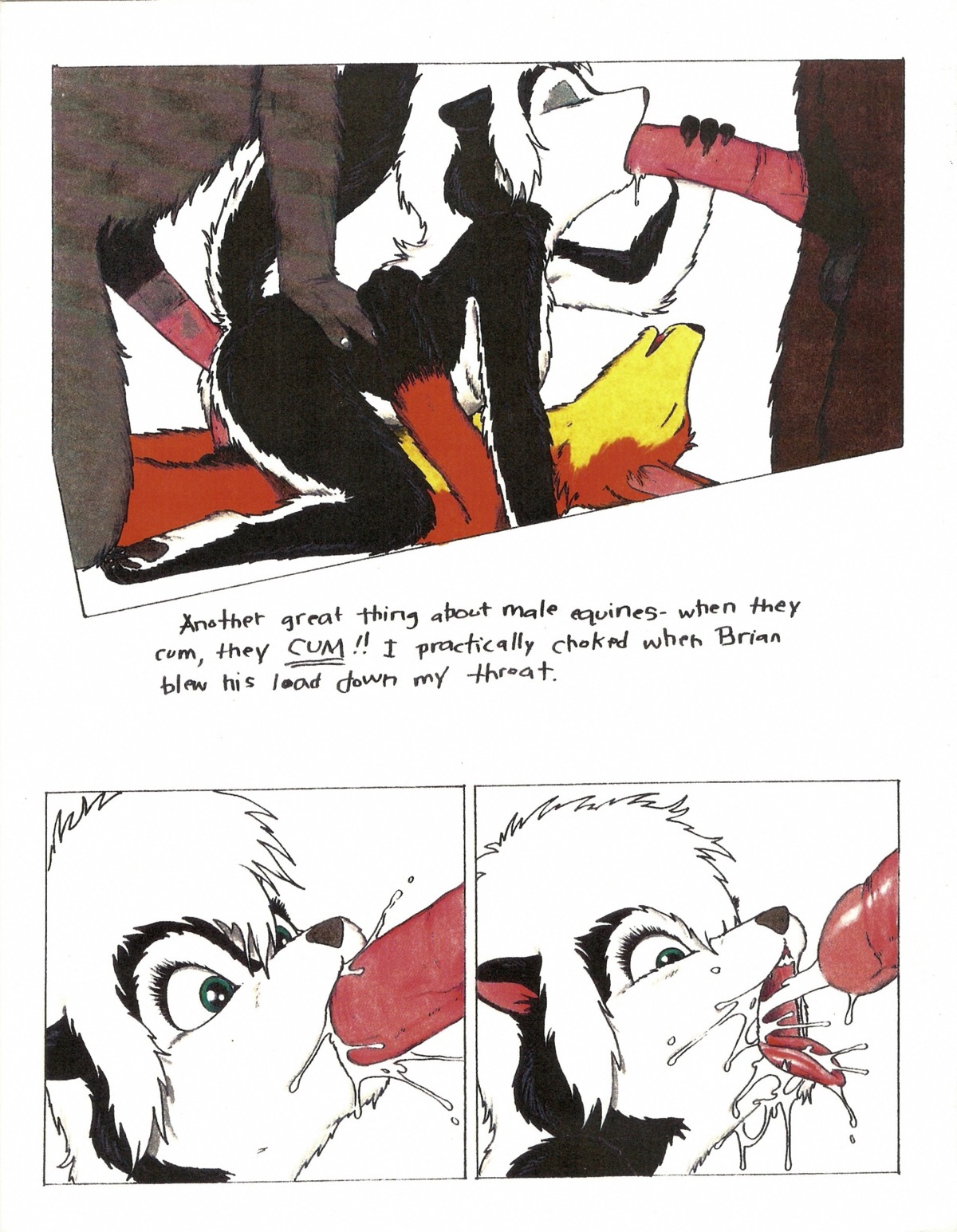 absurd_res all_three_filled anal anal_penetration anthro asinus balls barefoot black_pawpads bodily_fluids canid canine claws comic cum cum_drip cum_in_mouth cum_inside cum_on_tongue cum_splatter cum_string cumshot donkey double_penetration dripping e621 ejaculation english_text equid equine erection feet fellatio female fox genital_fluids genitals group group_sex hi_res james_m_hardiman lori_(jmh) male male/female male_penetrating mammal mephitid oral oral_penetration orgasm pawpads penetration penile penis sex skunk soles spitroast text todd_(jmh) toes tongue triple_penetration vaginal vaginal_penetration