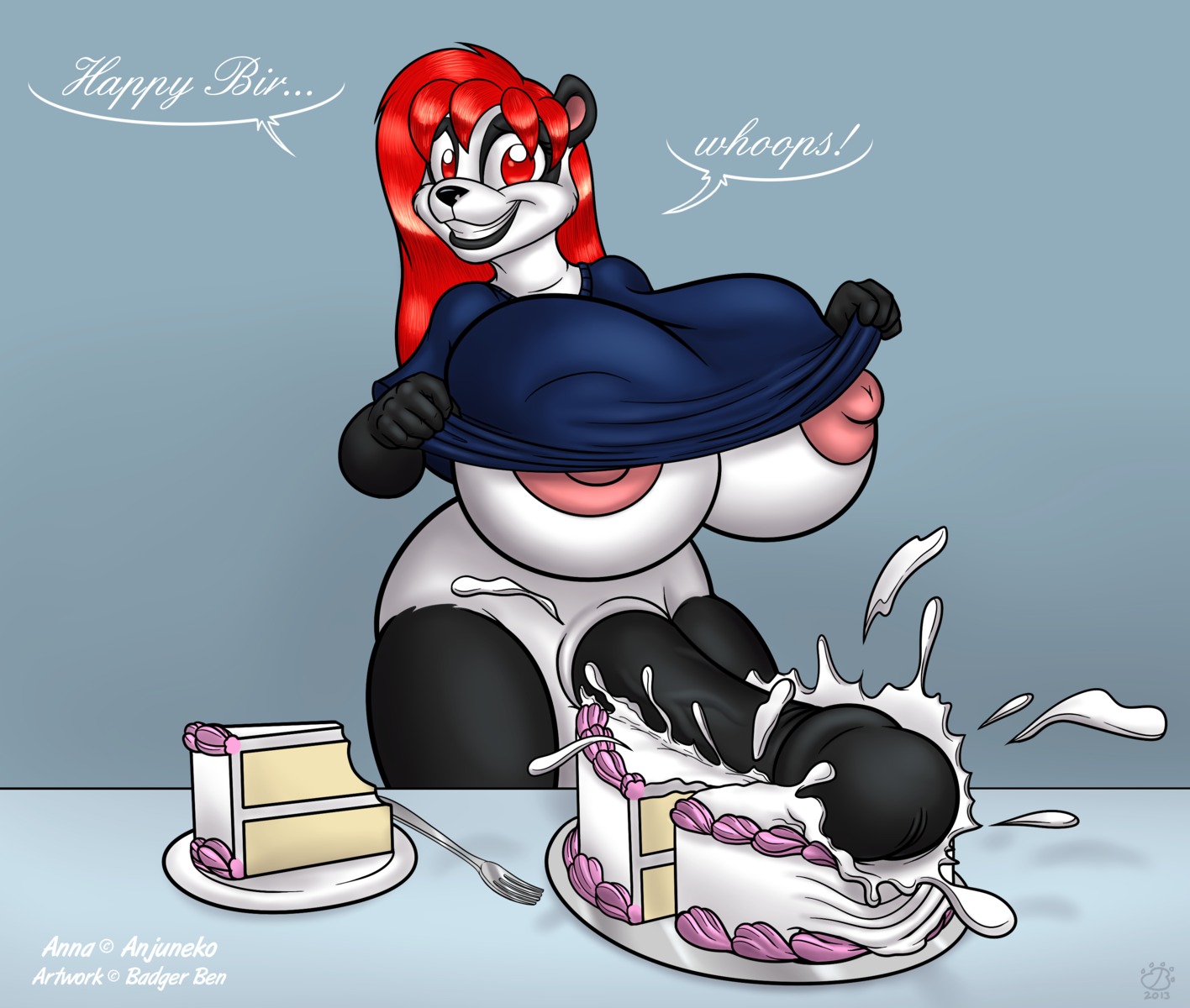 2013 absurd_res anjuneko anna_(anjuneko) anthro badgerben bear big_breasts big_penis black_body black_fur black_penis breasts cake clothed clothing clothing_lift dessert e621 erection food food_fetish food_play fur genitals giant_panda gynomorph hair hi_res huge_breasts huge_penis humanoid_genitalia humanoid_penis hyper hyper_breasts hyper_genitalia hyper_penis intersex looking_at_viewer mammal partially_clothed penis red_eyes red_hair shirt shirt_lift smile solo topwear white_body white_fur