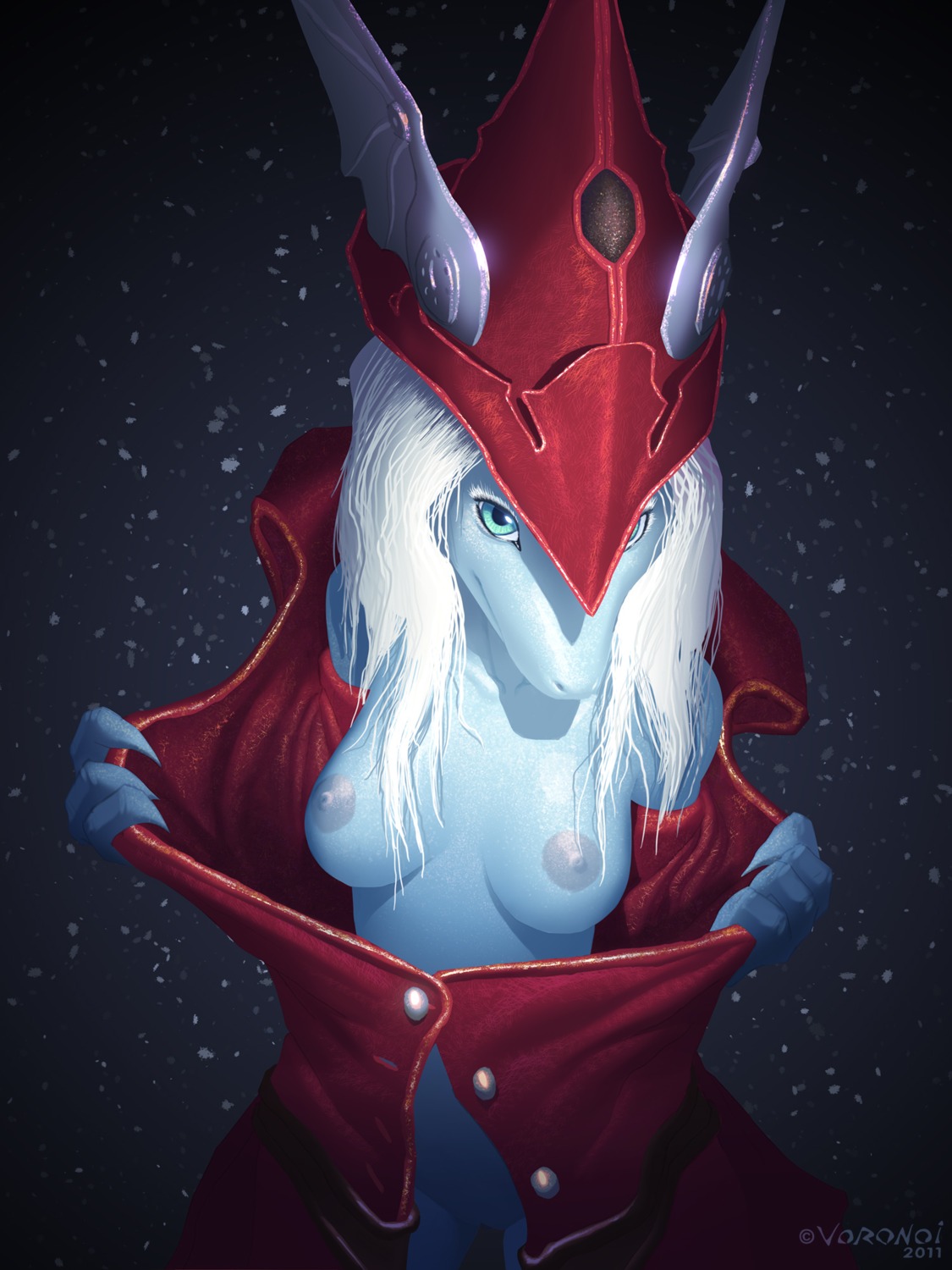 3:4 anthro blue_eyes bottomless breasts burmecian clothed clothing e621 female final_fantasy final_fantasy_ix flashing freya_crescent genitals hair hat headgear headwear hi_res looking_at_viewer mammal nipples open_cloak rodent snow solo square_enix undressing voronoi vulva white_hair