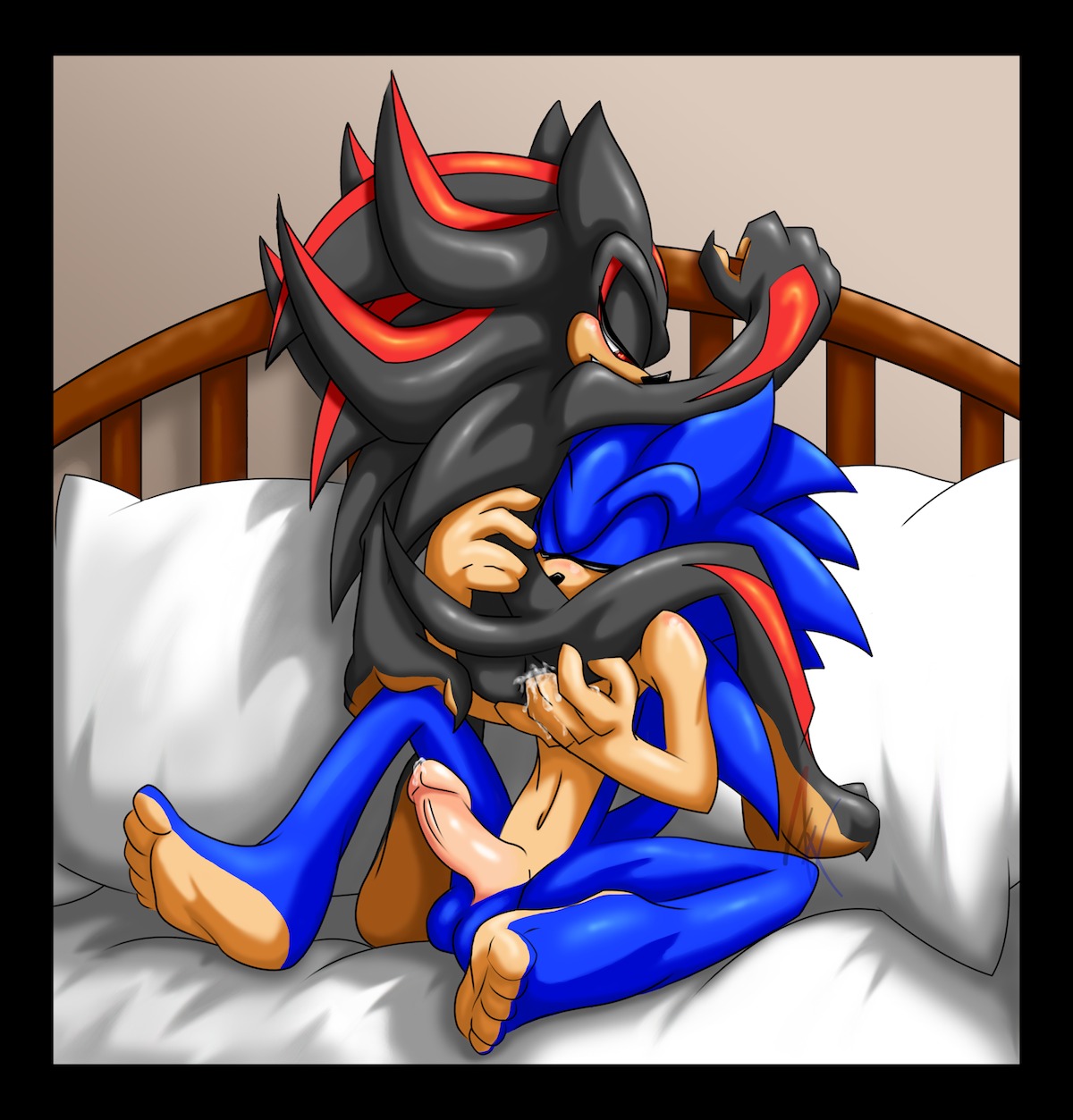 5_toes anal anal_fingering anthro anus balls barefoot bed black_body black_border black_fur blue_body blue_fur blue_hair blush bodily_fluids border butt cum duo e621 erection eulipotyphlan feet fellatio fingering fingering_partner fur furniture genital_fluids genitals hair hedgehog hi_res hindpaw icandy inside male male/male male_penetrated male_penetrating male_penetrating_male mammal nude on_bed oral paws penetration penile penis pillow plantigrade precum red_eyes reverse_rusty_trombone sega sex shadow_the_hedgehog sitting soles sonic_the_hedgehog sonic_the_hedgehog_(series) spread_legs spreading toes