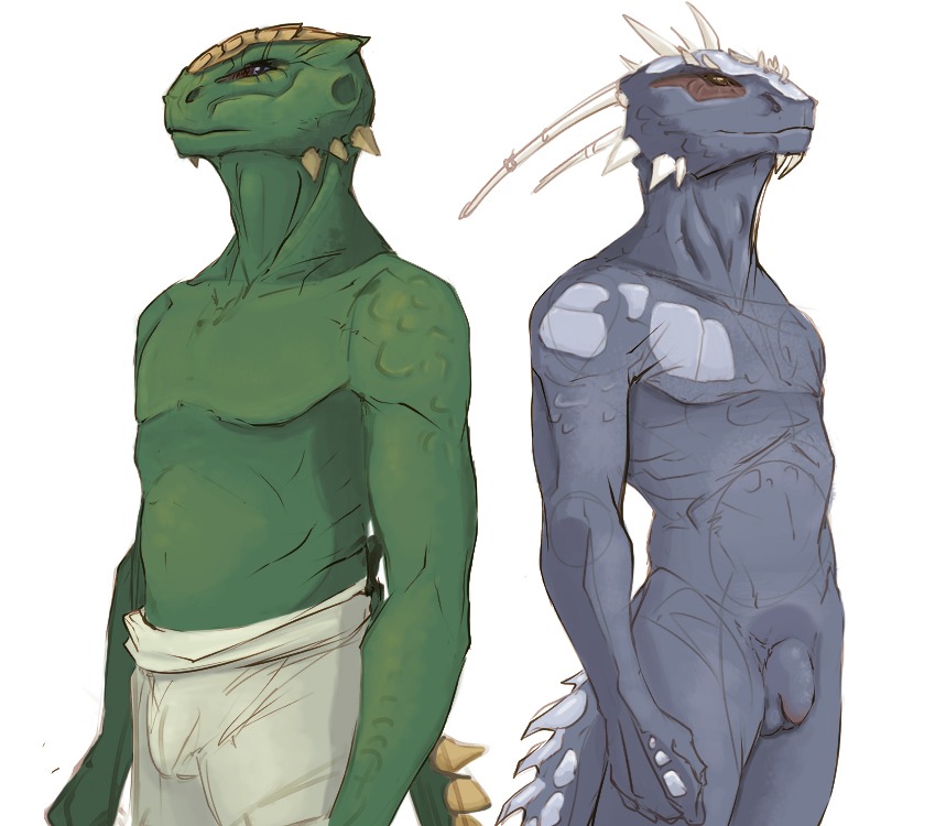 anthro argonian bethesda_game_studios bottomwear clothing duo e621 flaccid genitals green_body green_scales grey_body grey_scales horn male meken microsoft nude pants penis scales scalie simple_background skyrim spikes spikes_(anatomy) tail the_elder_scrolls