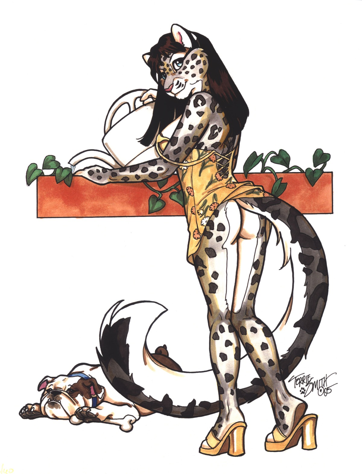 anthro ass bone breasts canine domestic_dog dress feline female feral furries_with_pets furry high_heels high_resolution interspecies pet rule34 sideboob snow_leopard sprinkler terrie_smith