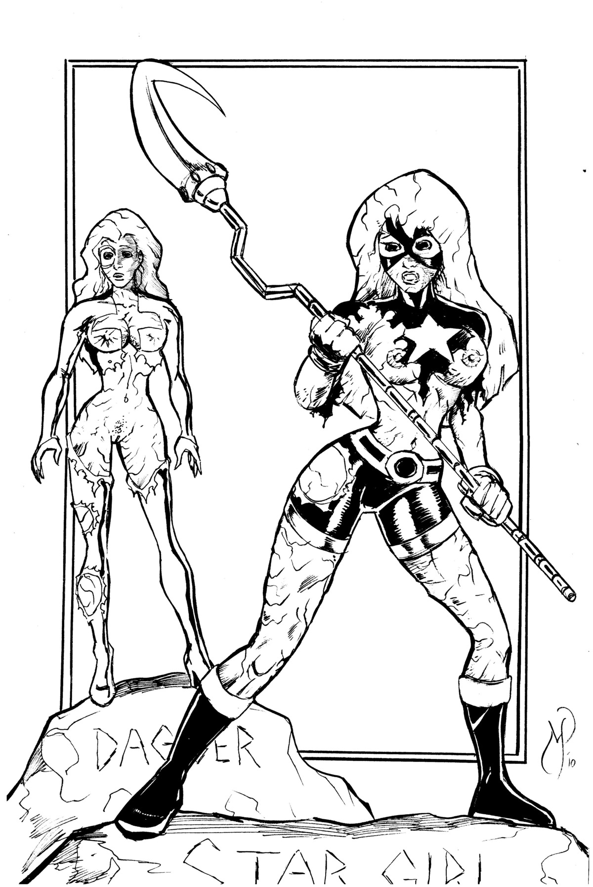 2girls black_and_white cloak_and_dagger courtney_whitmore crossover dagger_(marvel) dc dc_comics female female_only jsa justice_society_of_america marvel marvel_comics michael_powell monochrome nipples petrification pussy rule34 stargirl straight_hair superheroine tandy_bowen torn_clothes