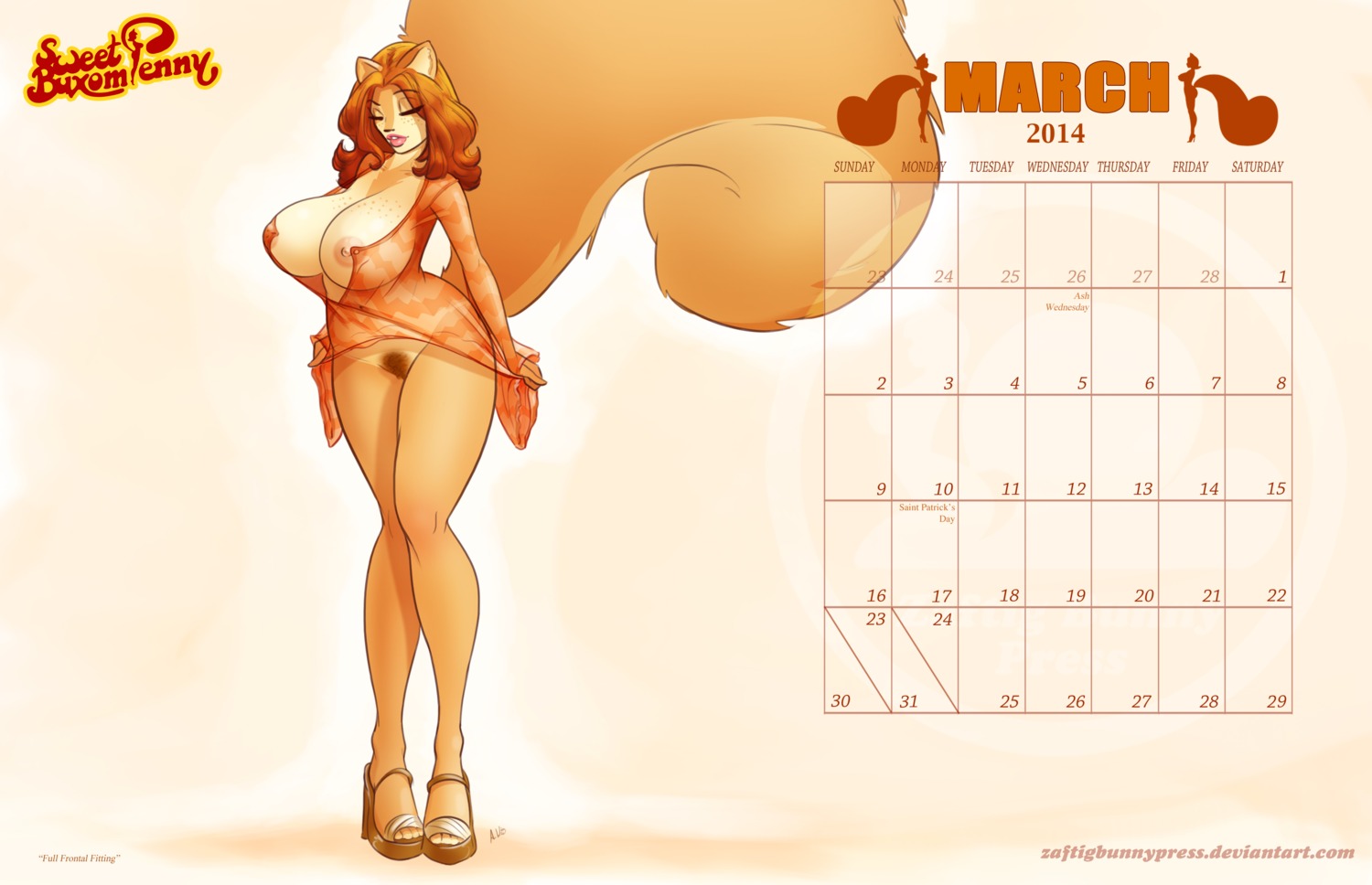 2014 absurd_res anthro areola big_breasts big_tail biped breasts calendar calendar_graphic clothing colored e621 english_text female fluffy fluffy_tail footwear freckles fur genitals hair hi_res high_heels huge_breasts lips long_hair mammal march_(month) nipples nude orange_body orange_fur penny_flynn pinup platform_footwear platform_heels pose red_hair rodent sciurid shoes simple_background solo standing tail tan_body tan_fur text translucent translucent_clothing tree_squirrel url vulva wedge_(footwear) wide_hips zaftigbunnypress