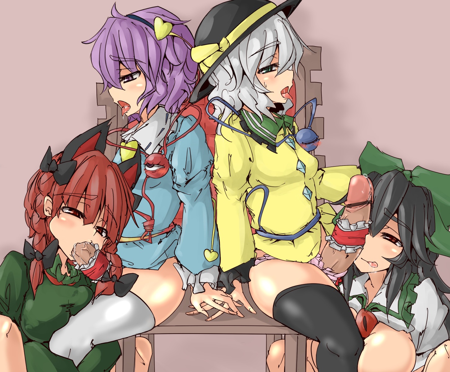 4girls ahe_gao animal_ears black_hair black_legwear braid cat_ears censored cheek_bulge fellatio female futa_on_female futa_with_female futanari green_eyes hair hairband hat heart highres huge_cock intersex koishi_komeiji long_hair multiple_females multiple_girls oral p_(tidoriashi) penis penis_ribbon purple_hair red_eyes red_hair rin_kaenbyou rule34 saliva satori_komeiji siblings silver_hair sisters sitting subterranean_animism thighhighs tongue touhou twin_braids utsuho_reiuji white_legwear