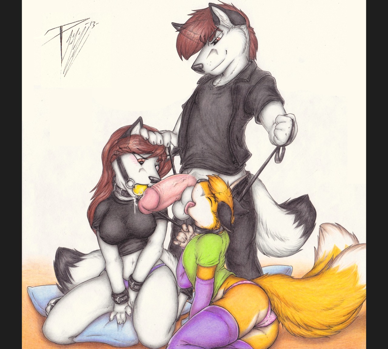 2013 anthro arctic_fox armwear ball_gag ball_lick balls big_penis blush breasts brother_(lore) brother_and_sister_(lore) brown_eyes brown_hair canid canine clothed clothing collar crossdressing dominant dominant_male e621 elbow_gloves erection eyes_closed felipe_rinehart female fluffy fluffy_tail fox fully_clothed gag gagged genitals gloves glowfox glowfox_(character) glowfoxy group hair handwear holding_leash holding_object humanoid_genitalia humanoid_penis incest_(lore) kneeling leash leash_pull legwear licking lying male male/female male/male mammal multi_tail oral panties partially_clothed penis pillarbox sex sibling_(lore) sister_(lore) smile standing stockings submissive submissive_male tail tongue tongue_out traditional_media_(artwork) true_fox underwear