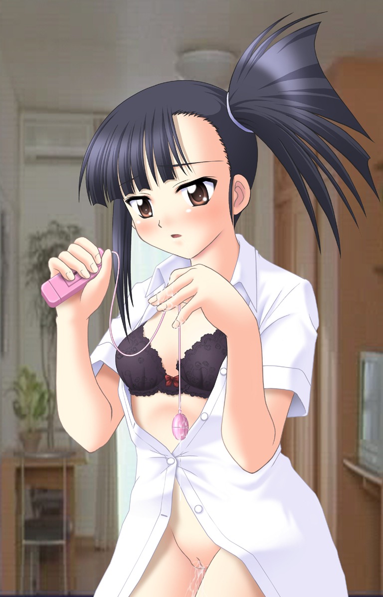 black_hair bottomless bra brown_eyes clothing count_zero dress_shirt egg_vibrator female lingerie mahou_sensei_negima! no_panties open_clothes open_shirt pussy rule34 sakurazaki_setsuna shirt side_ponytail uncensored underwear vibrator