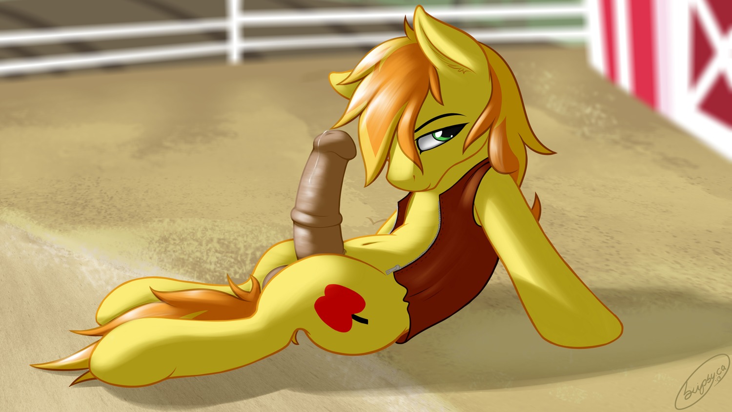 braeburn_(mlp) cutie_mark e621 earth_pony equid equine erection feral friendship_is_magic genitals green_eyes hair hasbro hi_res horse male mammal my_little_pony orange_hair penis pony skipsy solo tail yellow_body