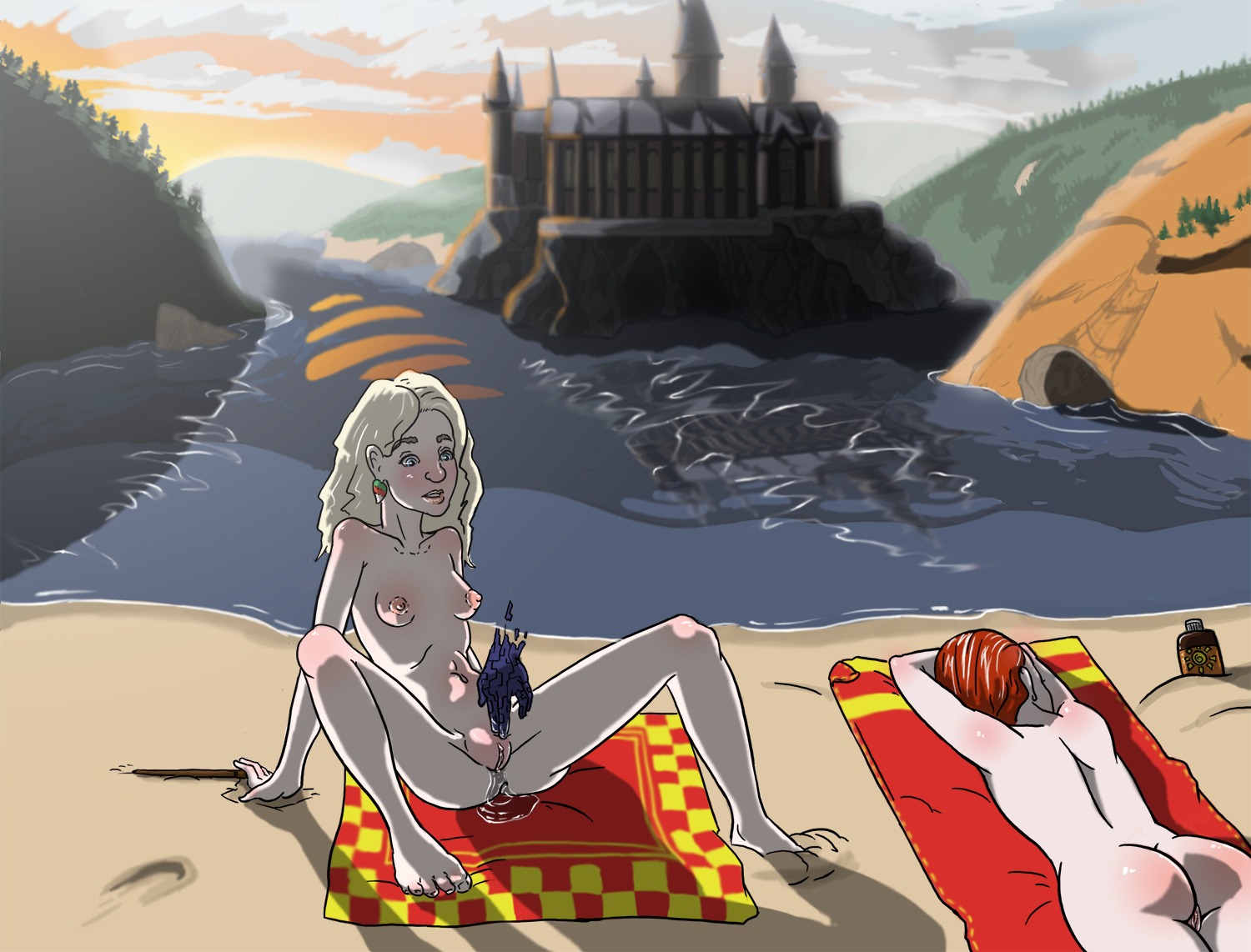 2girls ass back breasts castle female female_only ginny_weasley gryffindor harry_potter hogwarts luna_lovegood lying lying_down masturbation nipples pussy pussy_juice ravenclaw rule34 small_breasts tagme tanning tophatharry wand wet_pussy witch_(harry_potter)