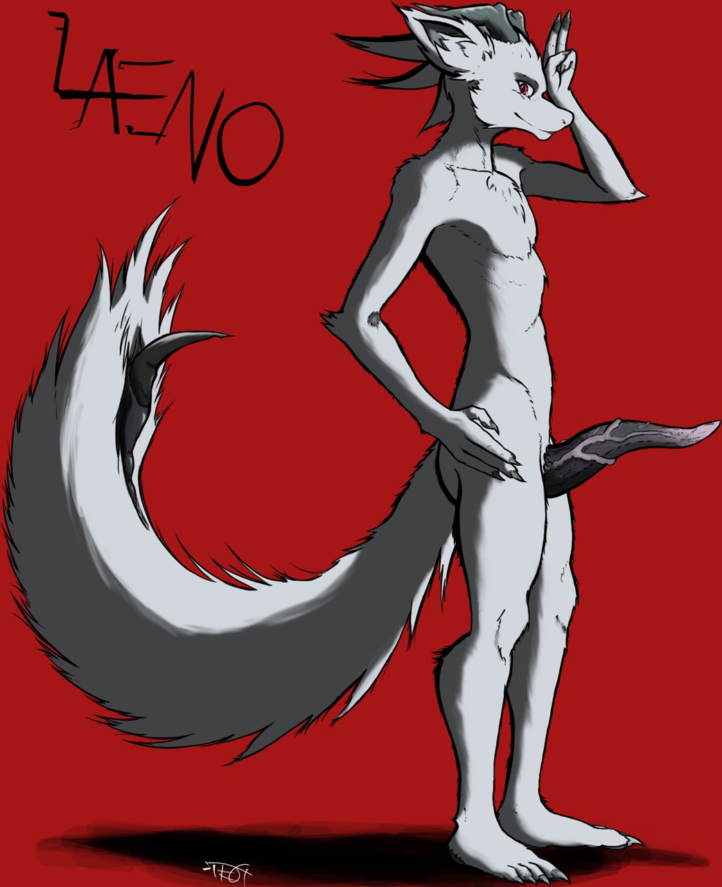 2014 alien anthro biped black_penis butt claws e621 erection fur genitals hi_res horn jaggard long_penis looking_at_viewer male negativetheory nude penis red_background red_eyes simple_background slim solo standing stinger tapering_penis text toe_claws vein veiny_penis white_body white_fur