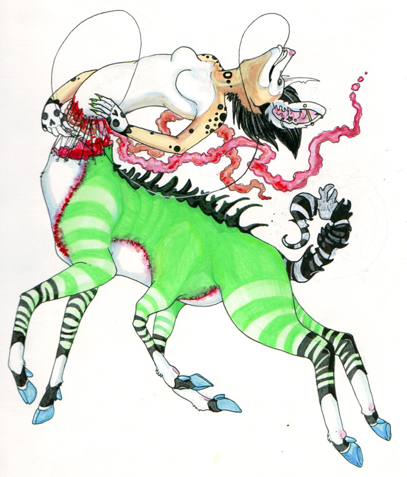 alternative_fashion black_hair blood bodily_fluids chival chival_(character) detailed_ear e621 ear_piercing equid equid_taur equine equine_taur female glamfur gore goth hair helix_piercing horn industrial_piercing long_hair mammal mammal_taur multi_limb mythological_creature mythological_equine mythology patchwork_creature piercing sewing_needle solo stitch_(sewing) surgical_suture taur unicorn zebra
