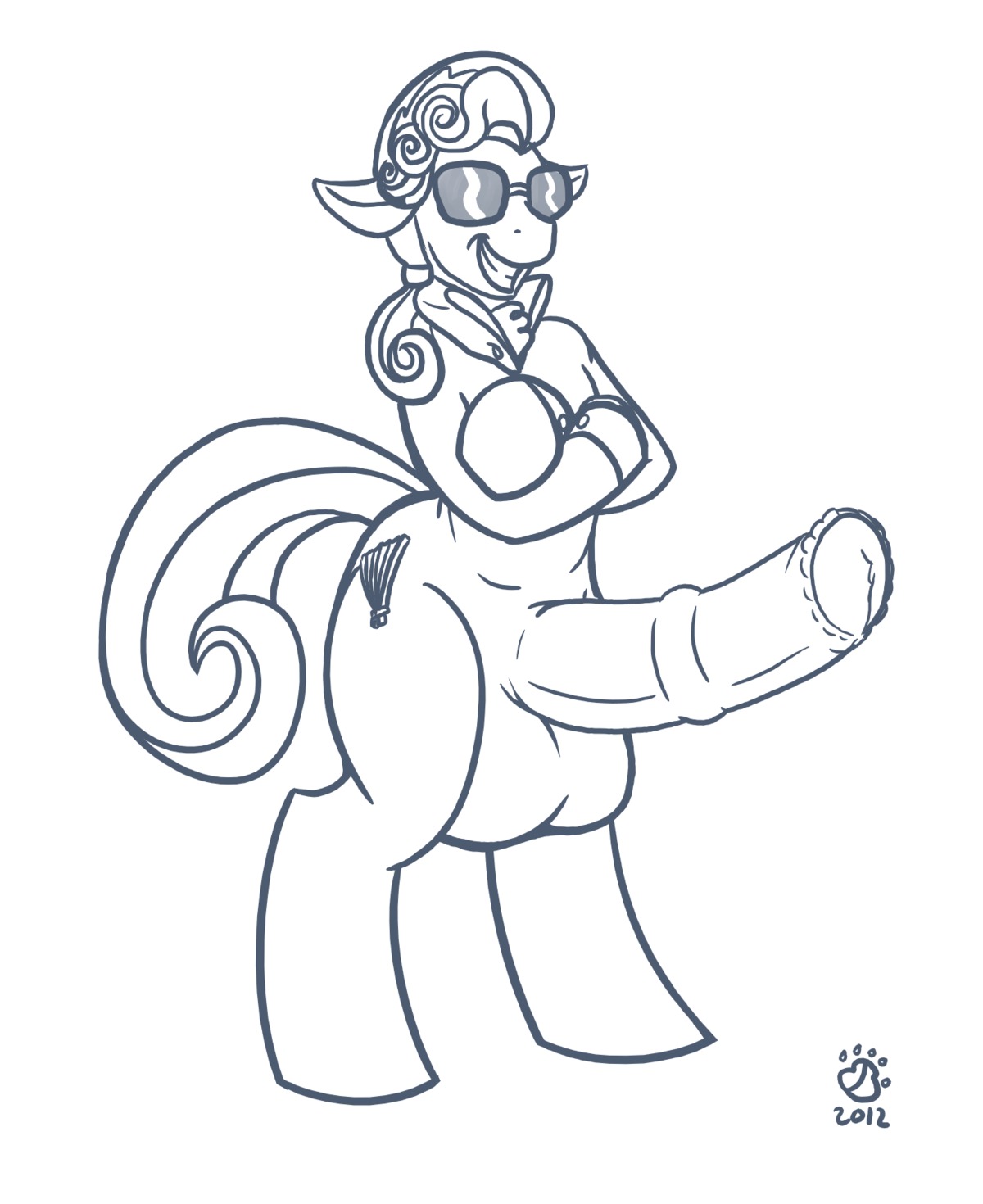 1boy 2012 anthro badgerben balls cutie_mark equine erection eyewear friendship_is_magic hair hoity_toity_(mlp) horse hyper hyper_penis line_art looking_at_viewer male male_only mane my_little_pony nude penis pony rule34 simple_background smile solo sunglasses white_background