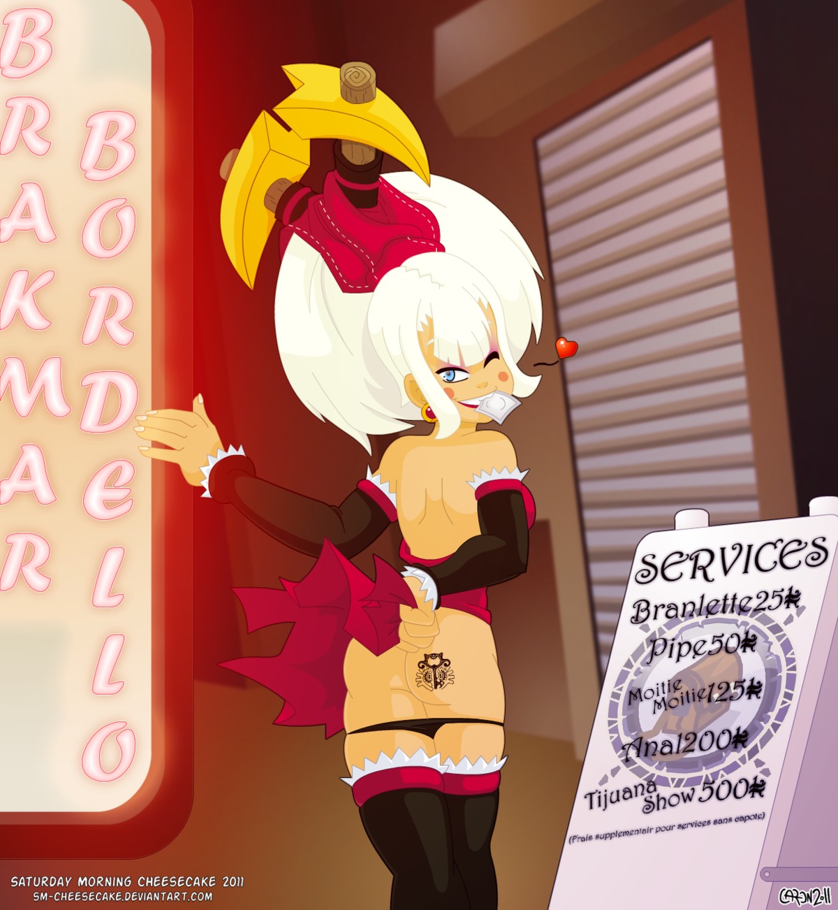 2011 ankama ass blue_eyes condom_wrapper enutrof female french_text heart looking_back rule34 saturday_morning_cheesecake tattoo wakfu wink
