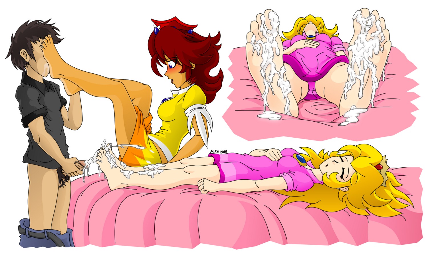 barefoot blush clothed_female cum cum_on_feet cum_on_soles cumshot dress ejaculation feet feet_on_face female foot_fetish foot_worship footjob human licking licking_foot male mario_(series) mario_tennis mostlyfunstuff nintendo pants_down pantyshot penis pink_panties princess_daisy princess_peach pubic_hair rule34 soles straight unseen_male_face