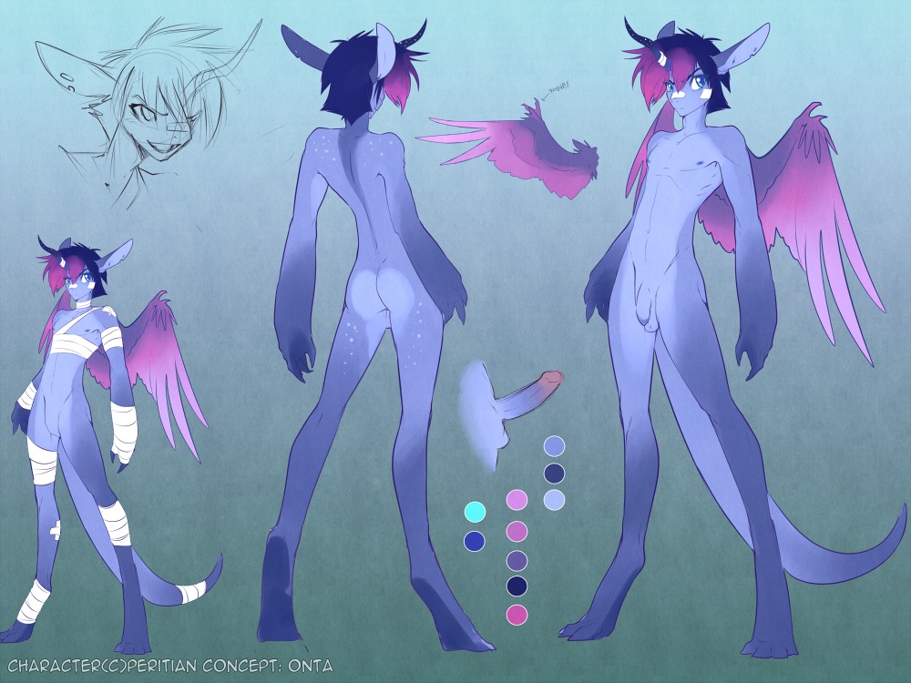 4:3 anthro butt color_swatch cosmos_(peritian) dragon e621 english_text feathered_dragon feathered_scalie feathered_wings feathers flaccid genitals hair male model_sheet mythological_creature mythological_scalie mythology nude penis peritian scalie solo tail text unigan wings