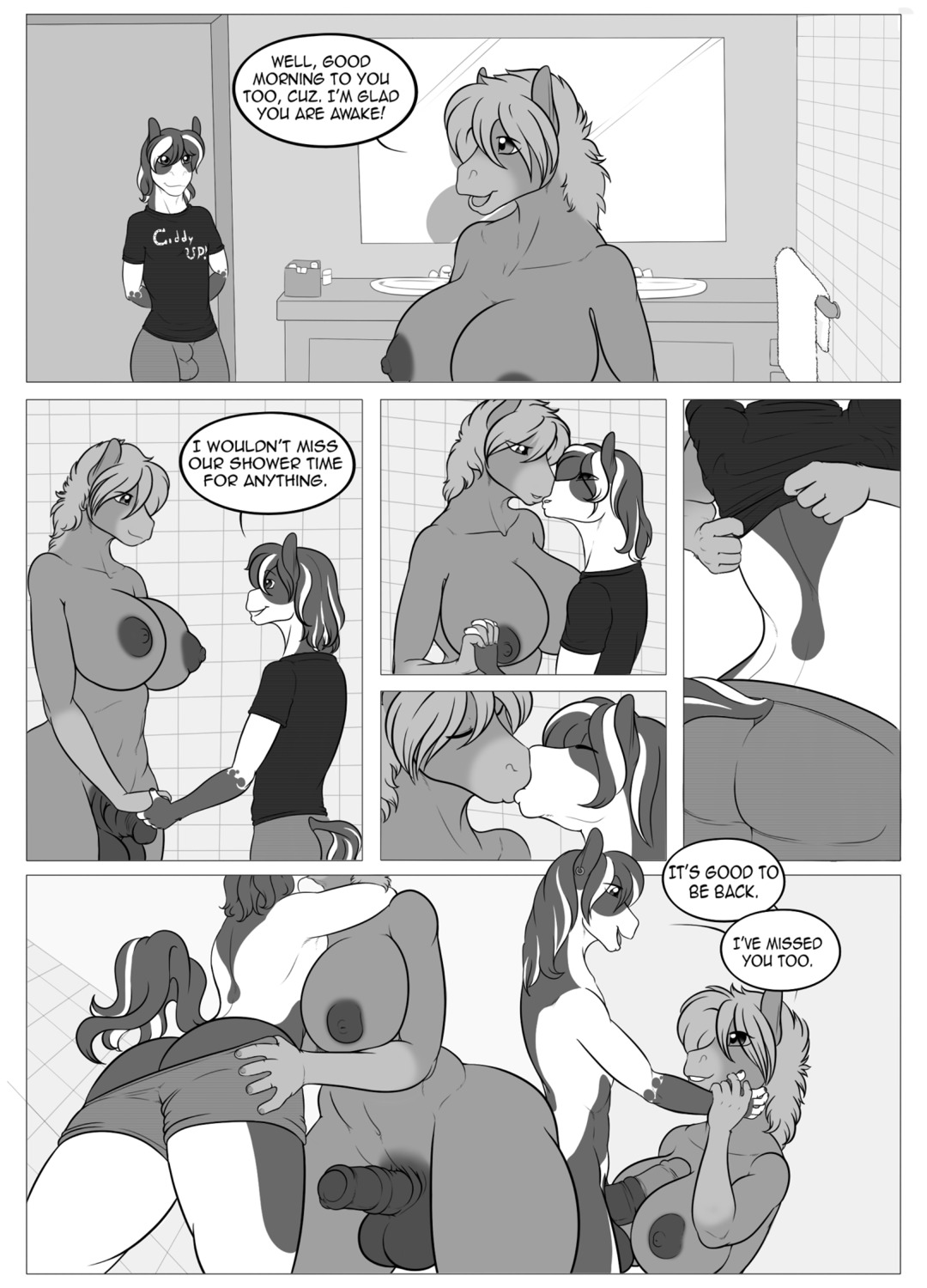 anatomically_correct anatomically_correct_genitalia anatomically_correct_penis animal_genitalia animal_penis anise_(freckles) anthro areola balls bathroom big_breasts black_penis bottomwear breasts bulge butt clothing clover_(freckles) comic curvy_figure dialogue digital_drawing_(artwork) digital_media_(artwork) duo e621 english_text equid equine equine_genitalia equine_penis femboy flaccid freckles_(artist) genitals greyscale gynomorph gynomorph/male half-erect hi_res horse hybrid_genitalia hybrid_penis incest_(lore) intersex intersex/male kissing male mammal monochrome nipples pants penis sheath shirt size_difference text text_on_clothing text_on_shirt text_on_topwear thick_thighs topwear underwear undressing voluptuous wide_hips