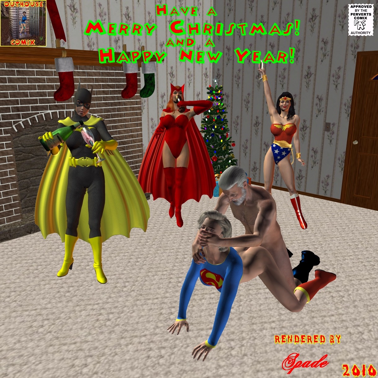 2010 3d all_fours avengers batgirl batman_(series) christmas costume crossover dc dc_comics female human kara_danvers kara_zor-el kneeling male marvel marvel_comics mutant_(marvel) rule34 santa_claus scarlet_witch sex spade_(artist) straight supergirl superman_(series) wanda_maximoff wonder_woman wonder_woman_(series) x-men