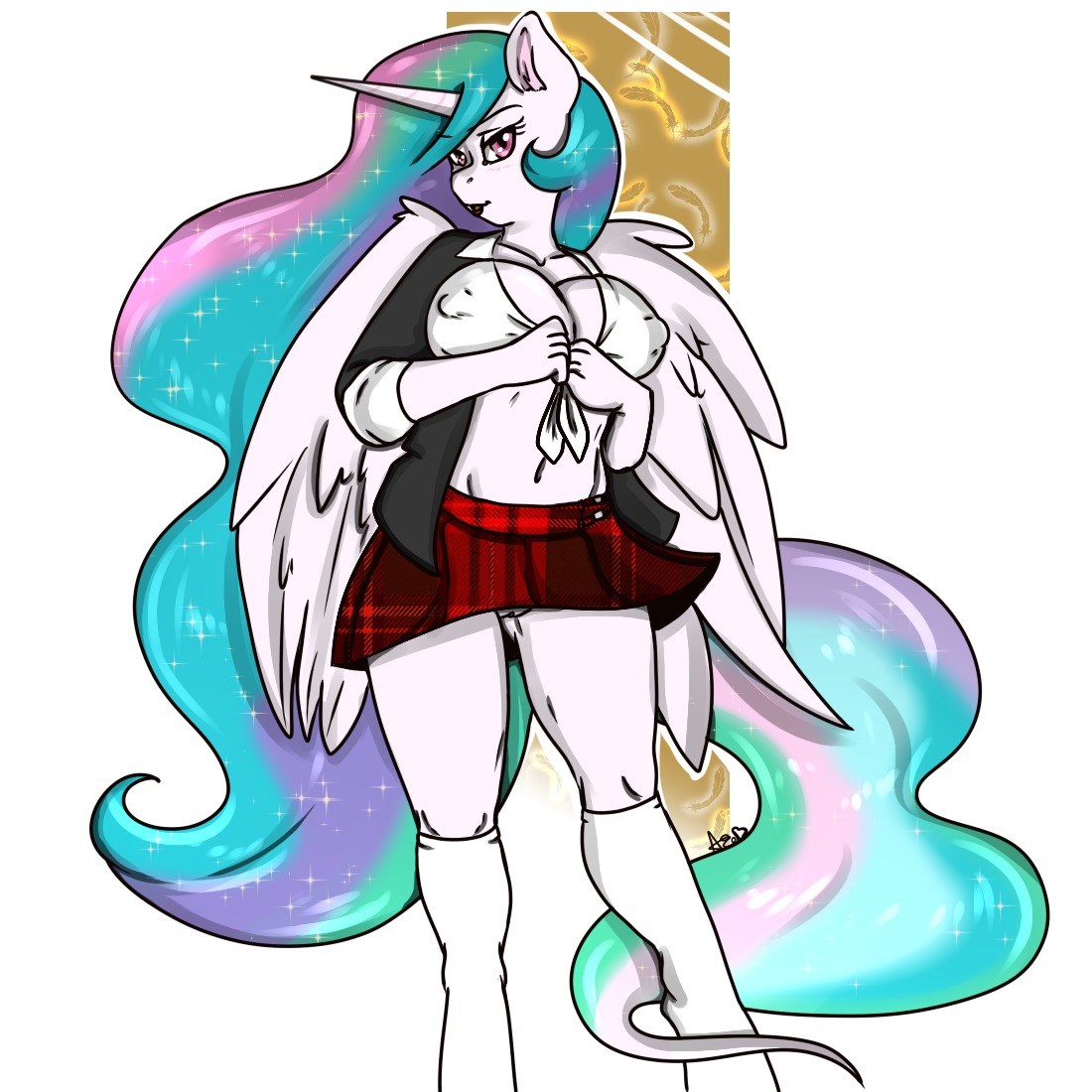 1:1 2013 anthro anthrofied biped bottomwear breasts clothed clothing digital_media_(artwork) e621 equid equine feathered_wings feathers female footwear friendship_is_magic geeflakes genitals hair hasbro horn legwear lipstick looking_at_viewer makeup mammal miniskirt multicolored_hair my_little_pony mythological_creature mythological_equine mythology nipples princess_celestia_(mlp) purple_eyes red_lipstick school_uniform skirt socks solo sparkles standing student uniform vulva white_body white_feathers winged_unicorn wings