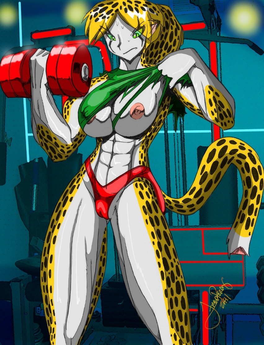 abs anthro breasts brittany_diggers camel_toe cheetah clothing e621 exercise felid feline female fred_perry fur gold_digger green_eyes gym hair mammal markings muscular muscular_anthro muscular_female nipples solo spots spotted_body spotted_fur spotted_hair weights
