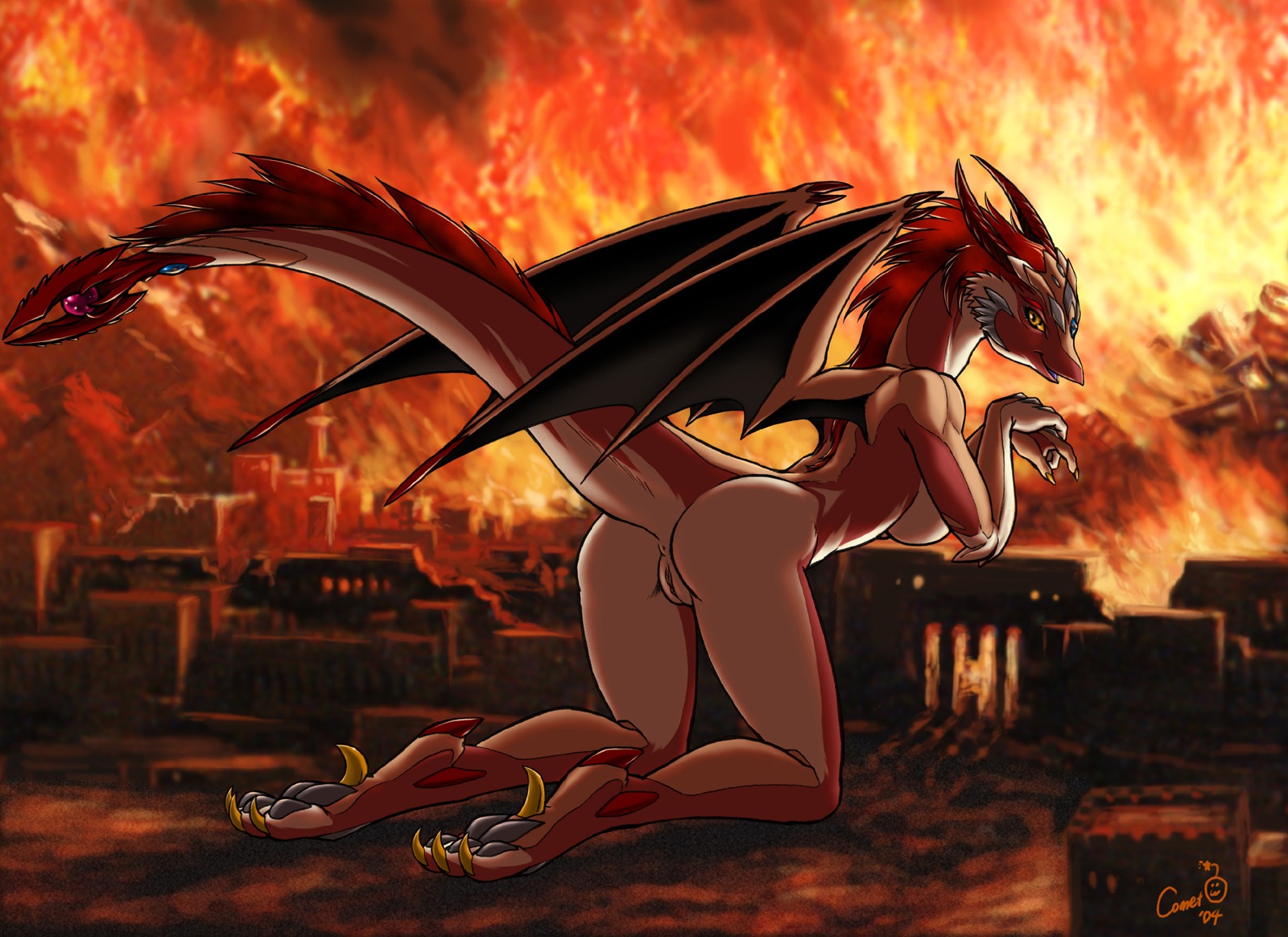 2004 anthro anus biped breasts burning_building butt city colored colored_nails destruction dr_comet dragon e621 feet female female_anthro fire genitals hi_res hindpaw looking_at_viewer macro macro_anthro macro_female membrane_(anatomy) membranous_wings mythological_creature mythological_scalie mythology nails non-mammal_breasts nude outdoor_nudity outside paws raised_tail scalie smile solo tail tail_anus vulva wings