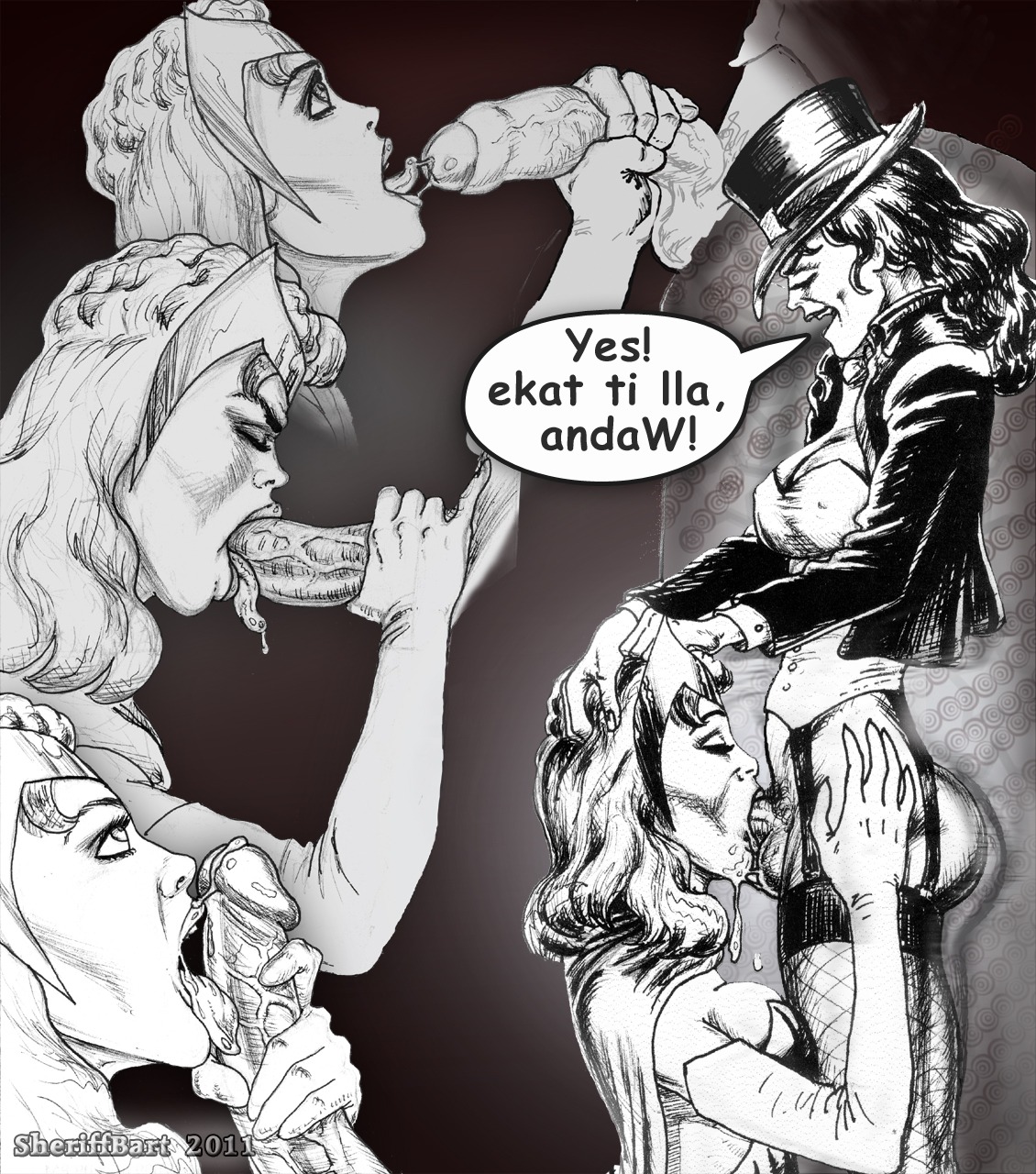avengers crossover dc dc_comics fellatio female futa_on_female futanari human intersex marvel marvel_comics mutant_(marvel) rule34 scarlet_witch sheriff_bart straight_hair wanda_maximoff x-men zatanna