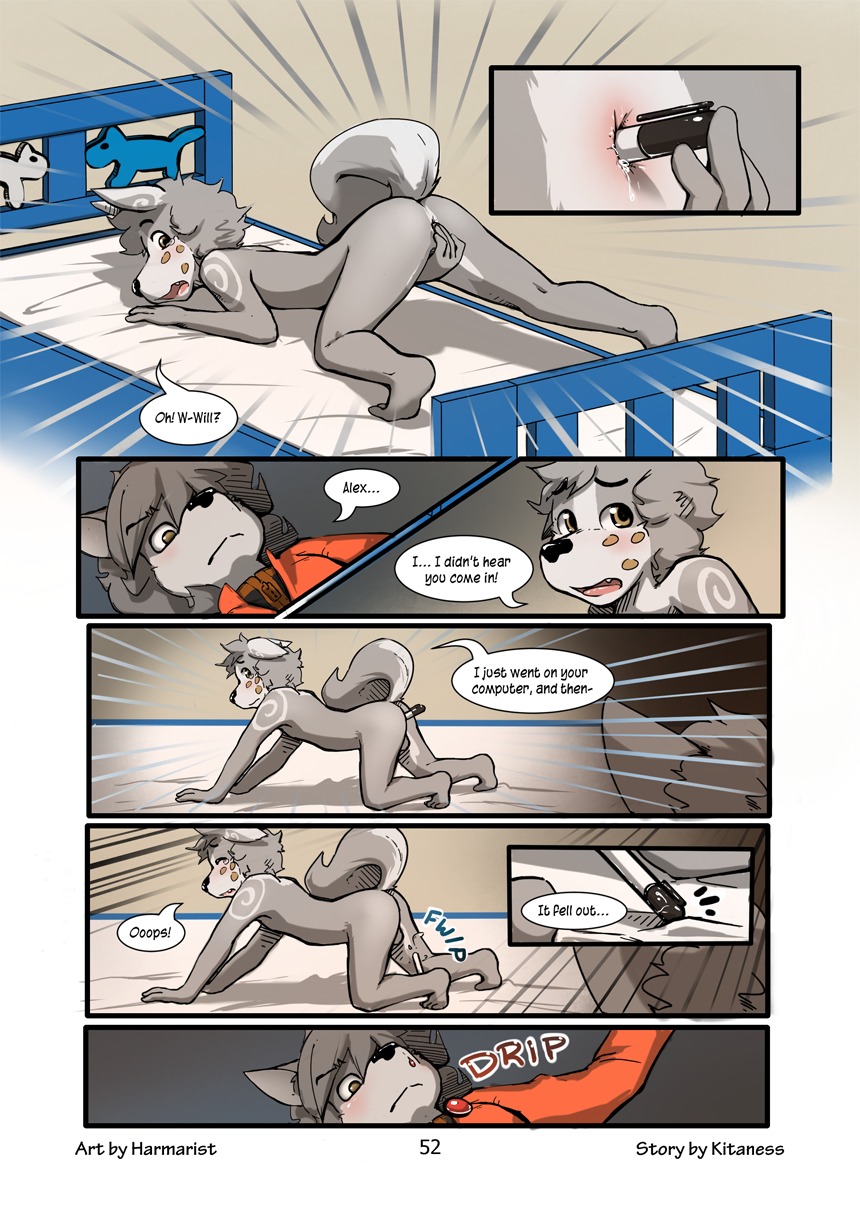 adolescent age_difference alex_(harmarist) all_fours anal anal_penetration anime_nosebleed anthro anus backsack balls barefoot bed blood blush bodily_fluids brother_(lore) brothers_(lore) butt canid canine canis caught_in_the_act child clothed clothed_anthro clothed_male clothing comic dialogue duo e621 embarrassed english_text fangs feet fully_clothed fully_clothed_anthro fully_clothed_male fur furniture genitals harmarist hi_res hoodie improvised_sex_toy inexperienced jacket male male/male male_anthro male_penetrated mammal marker multiple_scenes nosebleed nude nude_anthro nude_male number older_brother older_male older_sibling page_number penetration presenting presenting_hindquarters raised_tail sexual_awakening sheath_and_knife shirt sibling_(lore) size_difference surprised tail tears teeth text toes topwear unwanted_arousal will_(harmarist) wolf young young_anthro young_male zipper