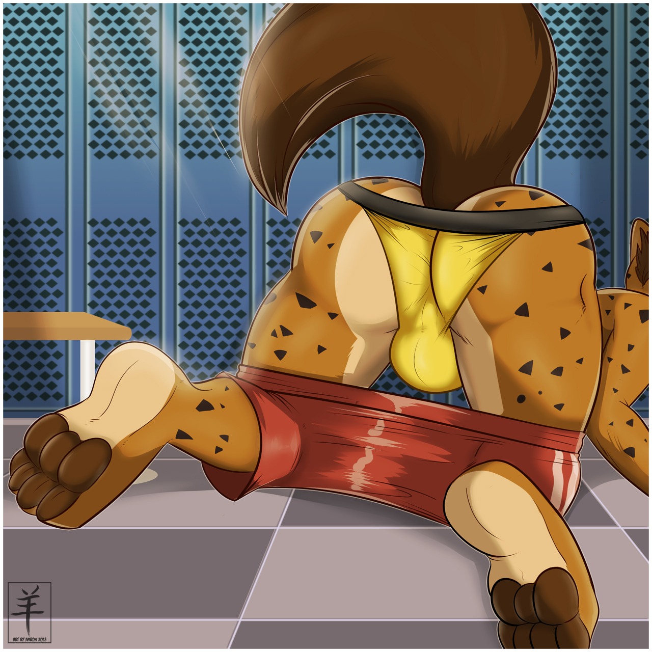 1:1 2013 aaron_(artist) anthro border bottomwear brown_body brown_fur bulge butt clothed clothing digital_media_(artwork) e621 fur hi_res hyena hyenashorts locker locker_room male mammal presenting presenting_hindquarters shorts solo spotted_hyena topless underwear white_border yellow_clothing yellow_underwear