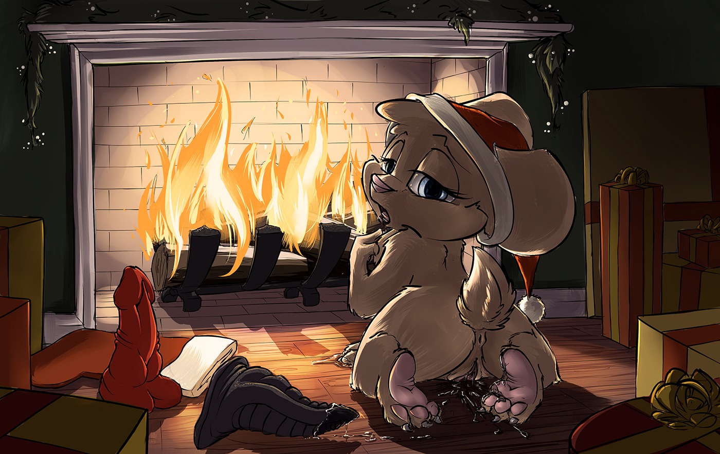 anthro anus bad_dragon bear big_eyes biscuit_(carrot) butt carrot_(artist) christmas detailed_background digital_media_(artwork) dildo dripping e621 female fire fireplace genitals gift holidays inside lagomorph leporid looking_at_viewer looking_back mammal orgasm paws rabbit raised_tail sex_toy solo spread_vulva spreading tail vaginal vulva