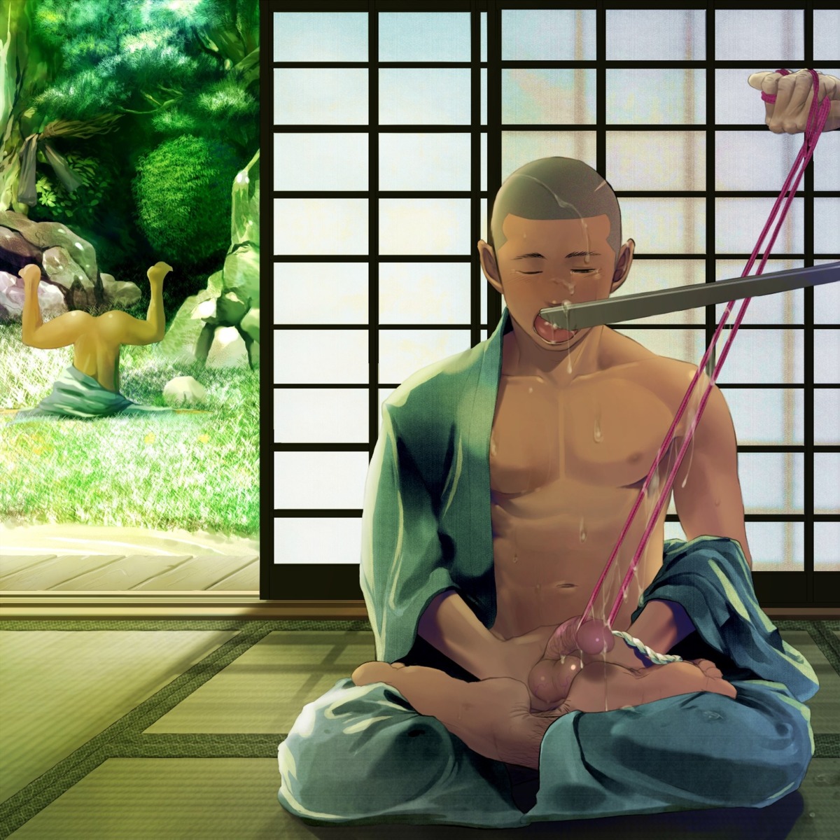 ass balls barefoot bound_penis door male male_only mentaiko penis rule34 sitting sitting_indian_style tied_penis uncensored yaoi