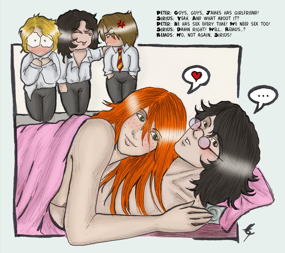 1girls female gryffindor gryffindor_tie harry_potter james_potter lily_evans male peter_pettigrew remus_lupin rule34 sirius_black speech_bubble straight tagme witch_(harry_potter)