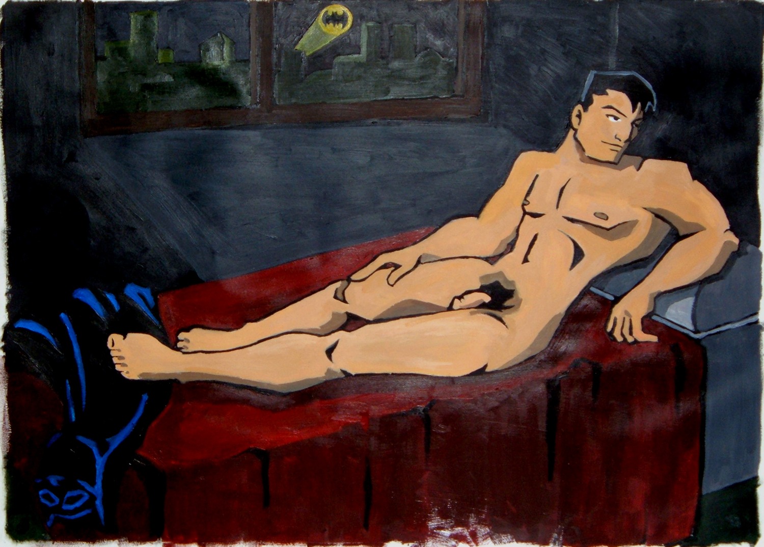 1boy abs bat_signal batman batman:_the_animated_series batman_(bruce_wayne) batman_(series) biceps bruce_wayne dc dc_comics dcau erect_nipples flaccid flaccid_penis looking_to_the_side male male_only muscles nipples nude odalisque pecs penis pubic_hair rule34 solo traditional_media_(artwork) yaoi