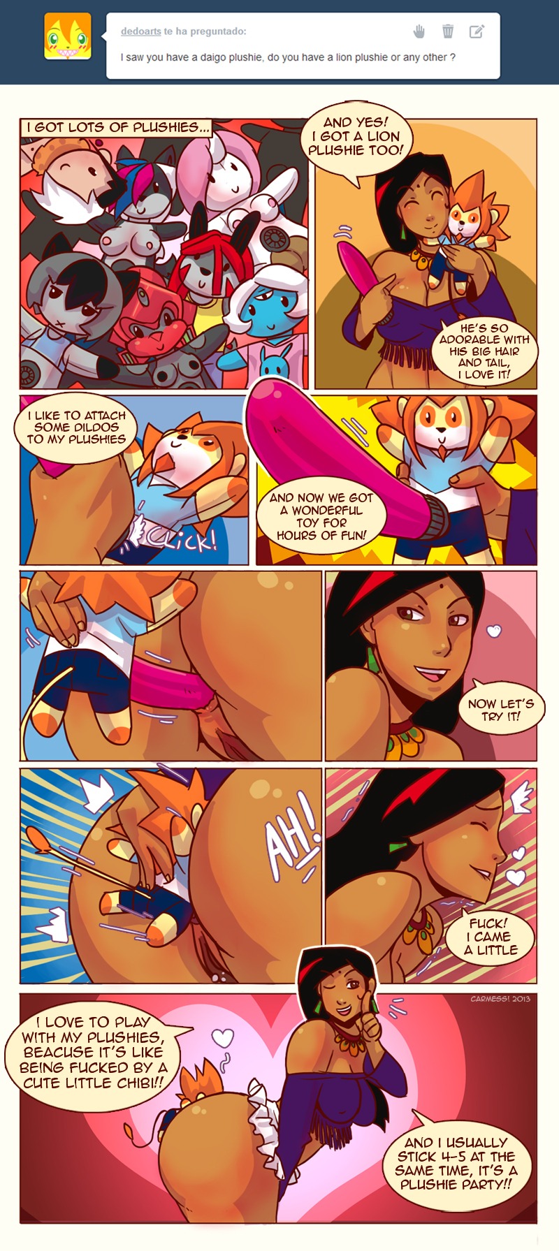 anal anal_penetration anthro big_butt breasts butt carmessi cleavage clothed clothing comic dildo doll e621 english_text felid female gala_(carmessi) genitals hi_res human humanoid lion mammal pantherine penetration profanity proxy_(pizzacat) sex_toy solo text vulva