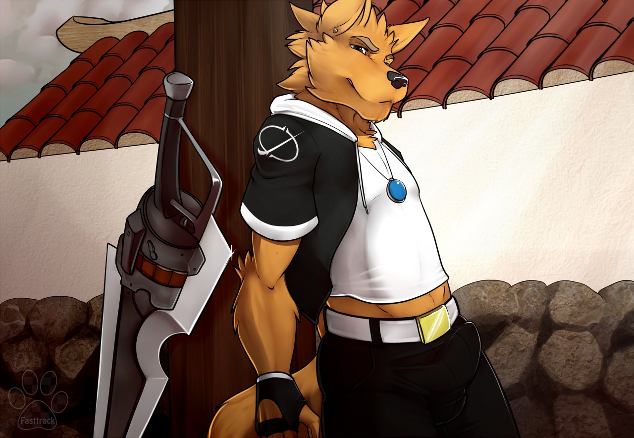 2014 anthro bulge canid canine canis clothed clothing detailed_bulge e621 erection erection_under_clothing fasttrack37d final_fantasy fingerless_gloves genital_outline gloves gunblade handwear hoodie male mammal penis_outline piercing solo square_enix topwear weapon wolf